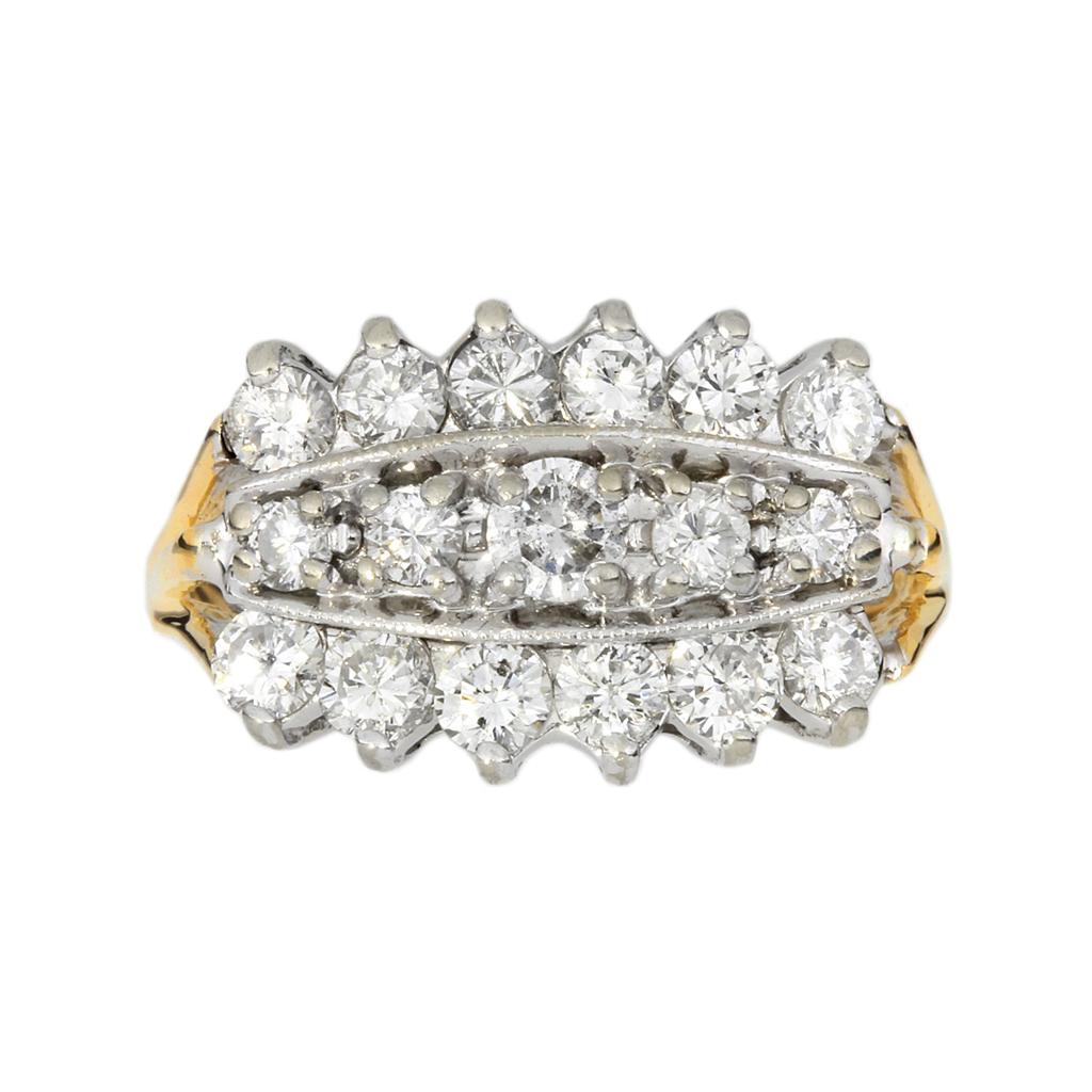 Vintage 1,64 Karat Gesamtgewicht Diamant 14K 3-reihiger Ring (Rundschliff) im Angebot