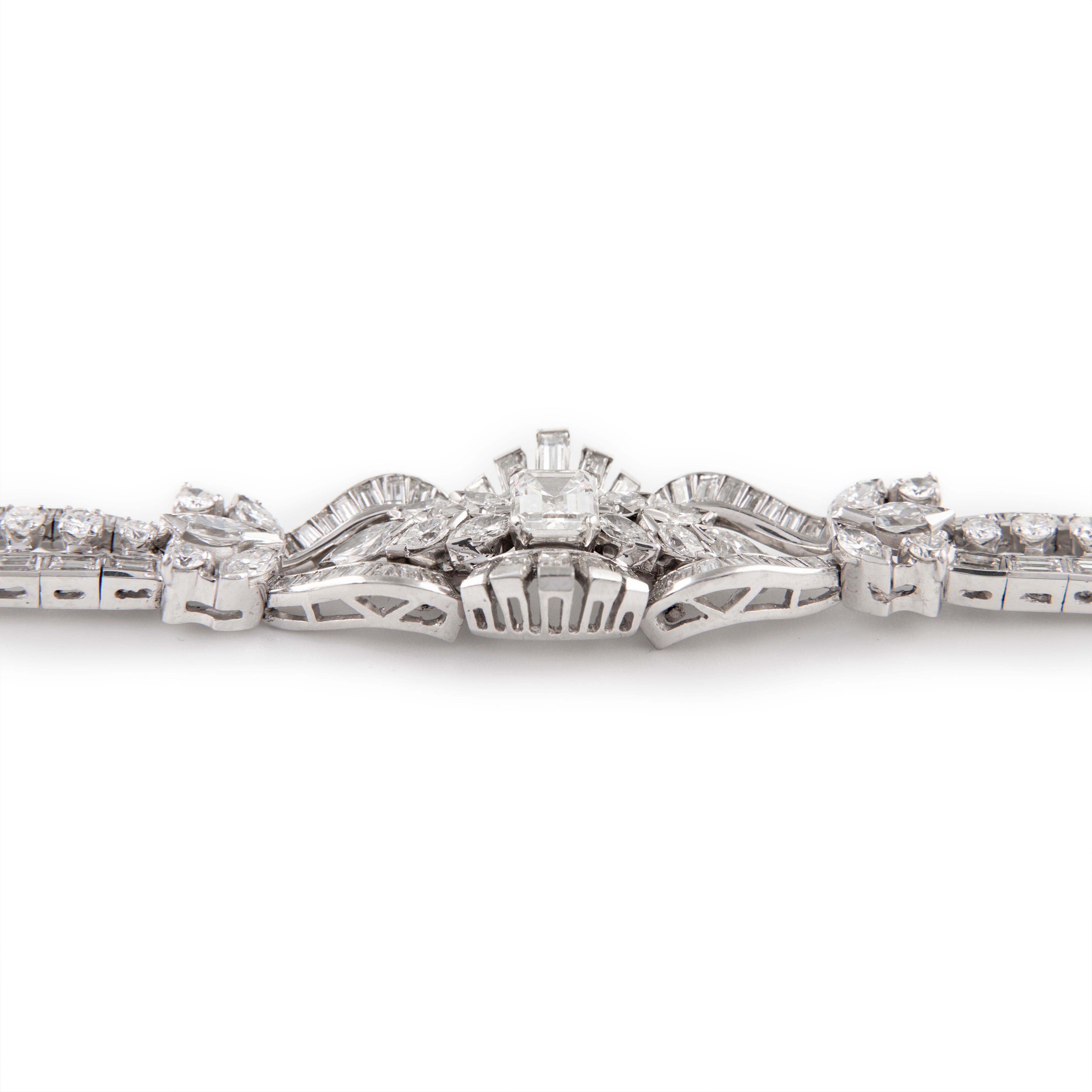 Vintage 16.46ct Diamond Bracelet with 1.46ct Emerald Cut Diamond Platinum In Excellent Condition In BEVERLY HILLS, CA