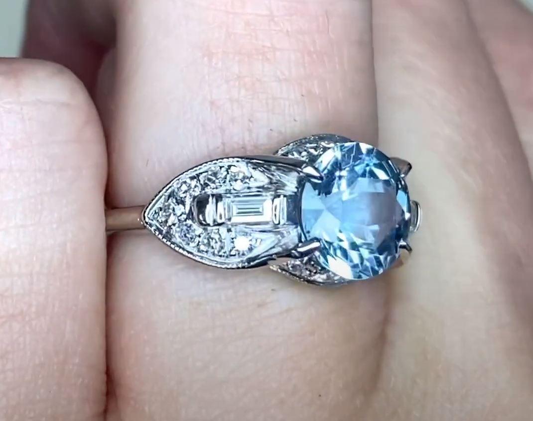 Vintage 1.64ct Round Cut Aquamarine Engagement Ring, Platinum, Circa 1950 2
