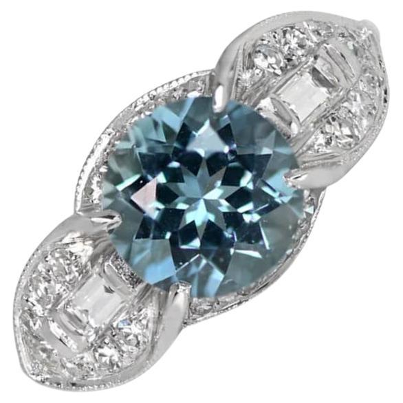 Vintage 1.64ct Round Cut Aquamarine Engagement Ring, Platinum, Circa 1950