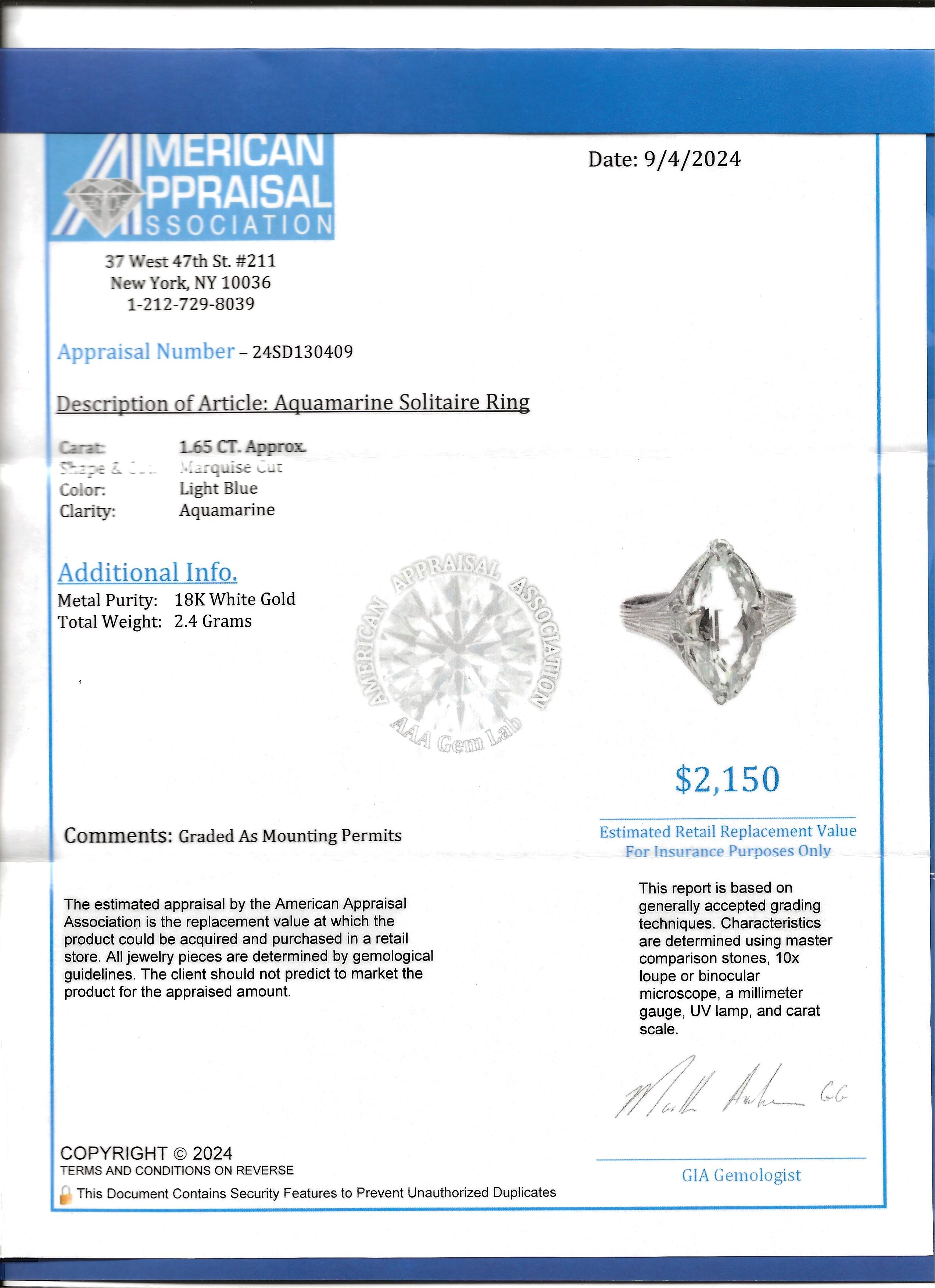 Vintage 1.65 Carat Marquise Cut Aquamarine Solitaire Ring in 18 Karat White Gold For Sale 6