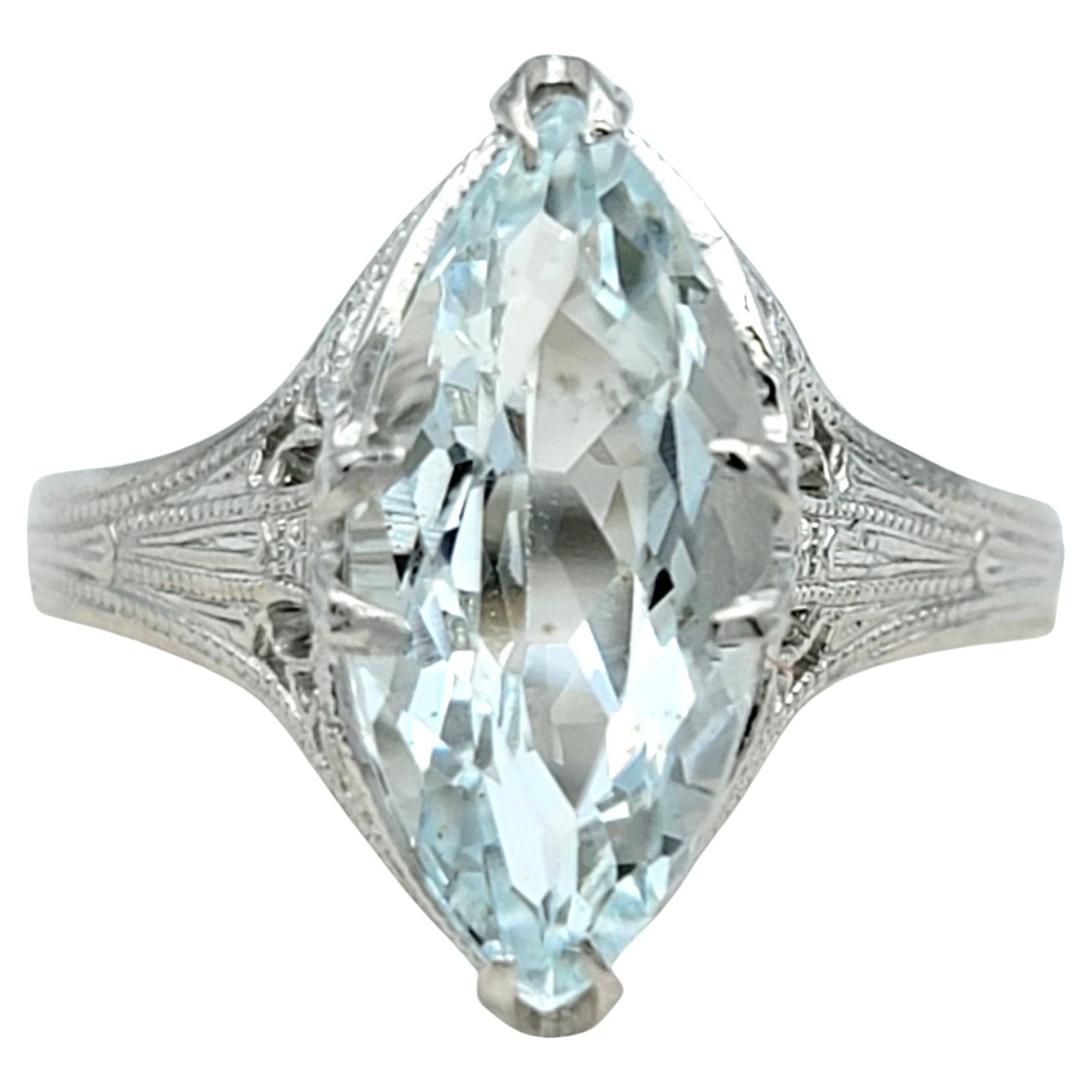 Vintage 1.65 Carat Marquise Cut Aquamarine Solitaire Ring in 18 Karat White Gold