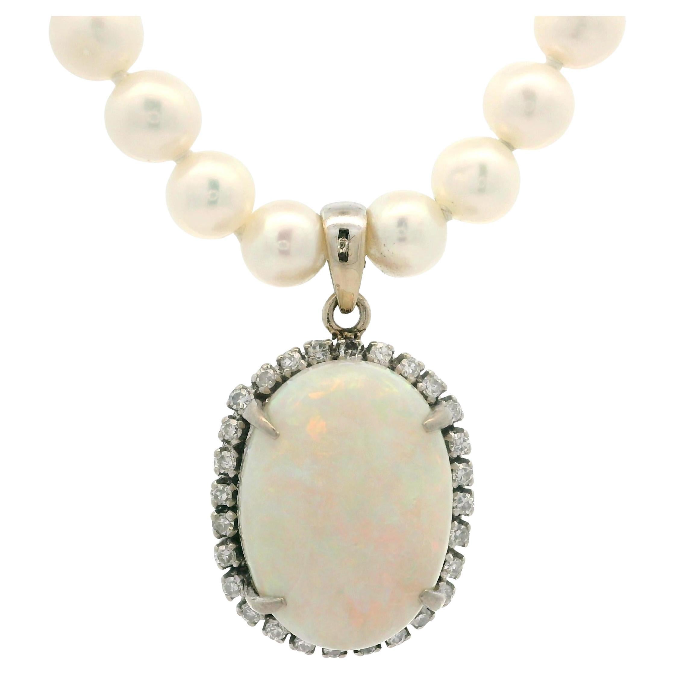 Vintage 16.5" Pearl Strand Necklace w/ Gold Opal Diamond Halo Pendant & Clasp