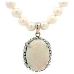 Vintage 16.5" Pearl Strand Necklace w/ Gold Opal Diamond Halo Pendant & Clasp