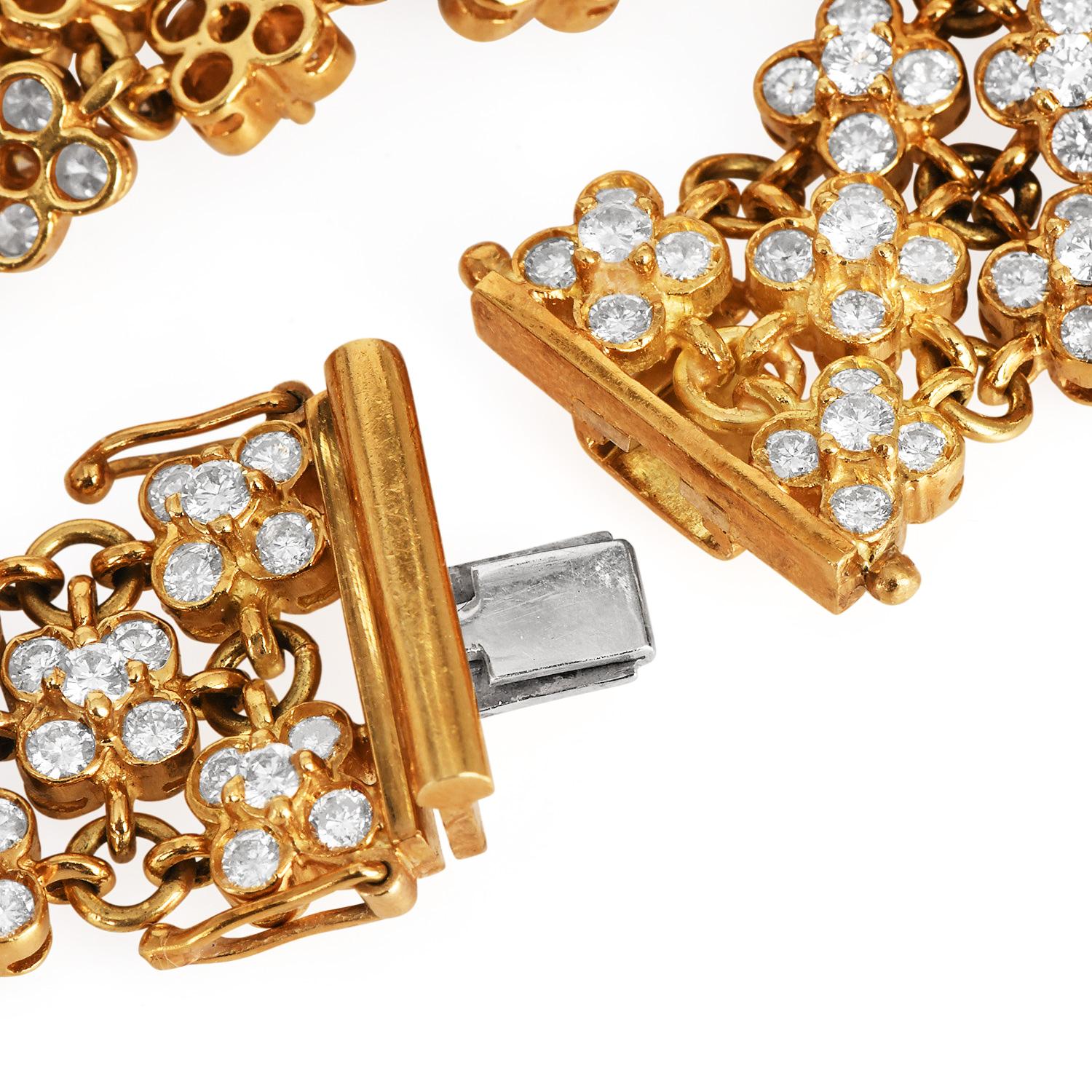 Bracelet vintage à trois rangées de diamants 16,50 carats et or 18 carats à motif de fleurs Excellent état - En vente à Miami, FL