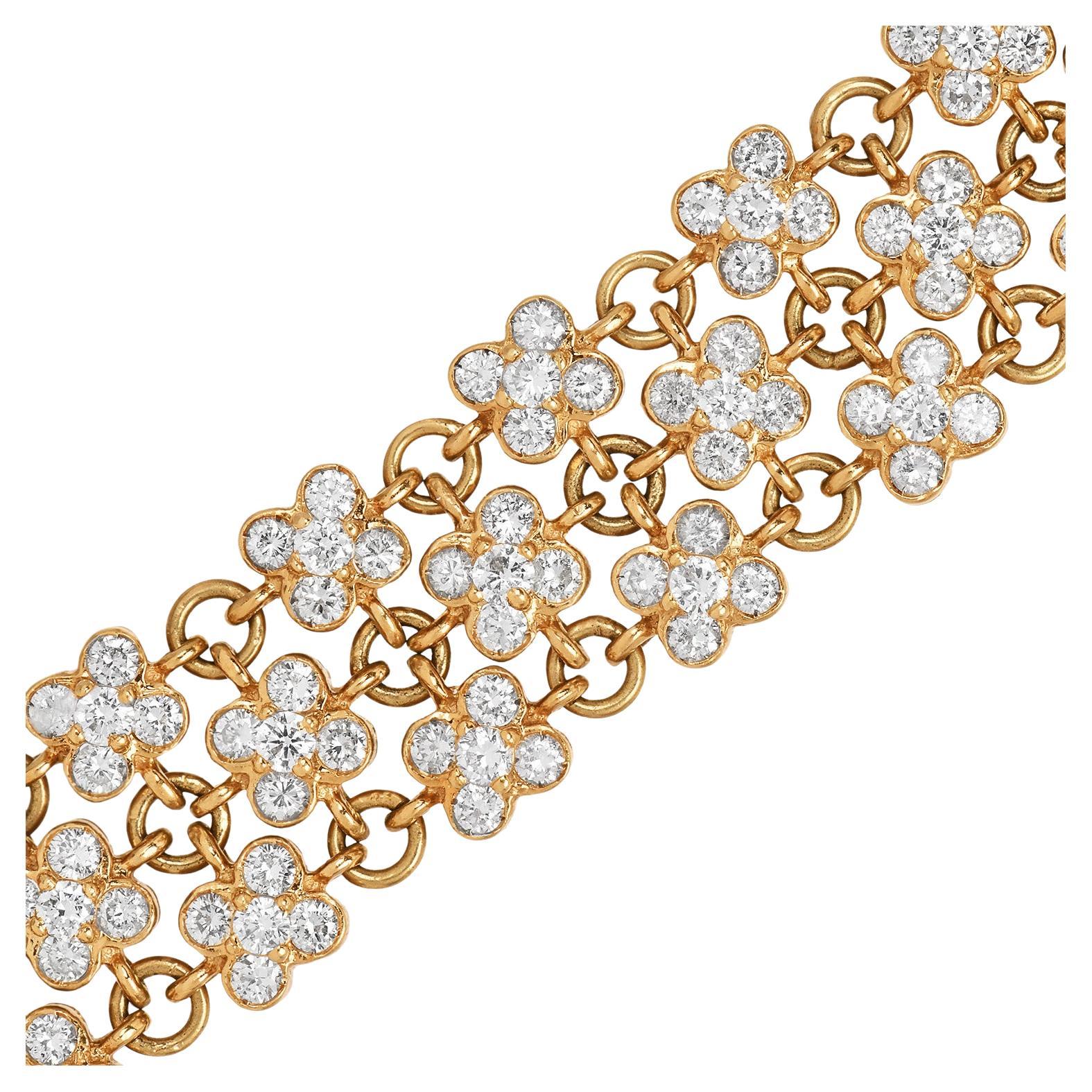 Vintage 16.50cttw Diamond 18K Gold Flower Motif Three Row Bracelet