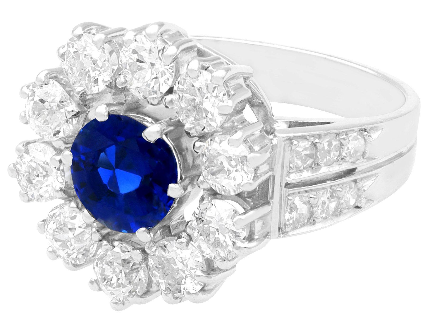 Round Cut Vintage 1.66 Carat Sapphire and 1.90 Carat Diamond Platinum Cluster Ring For Sale
