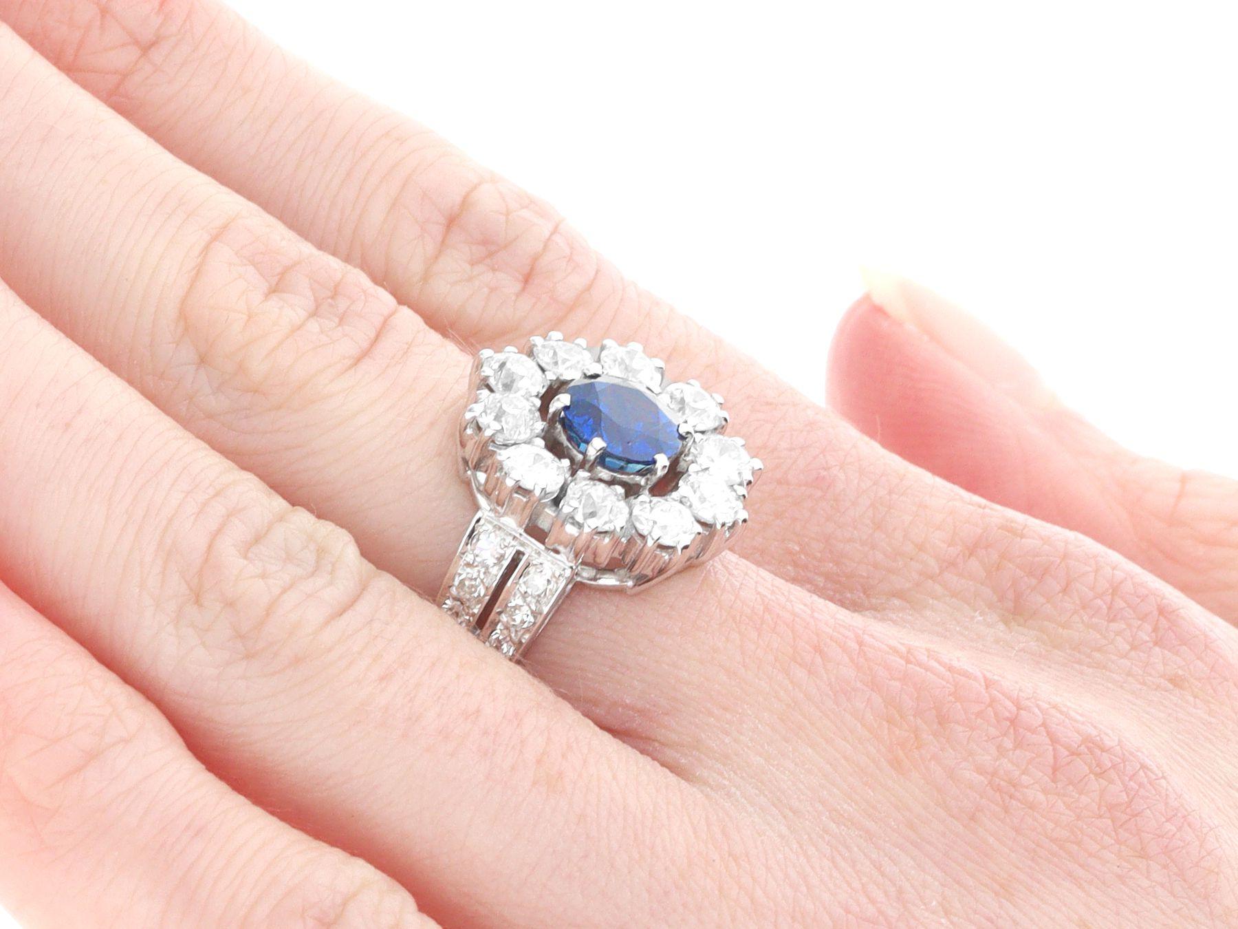 Vintage 1.66 Carat Sapphire and 1.90 Carat Diamond Platinum Cluster Ring For Sale 2