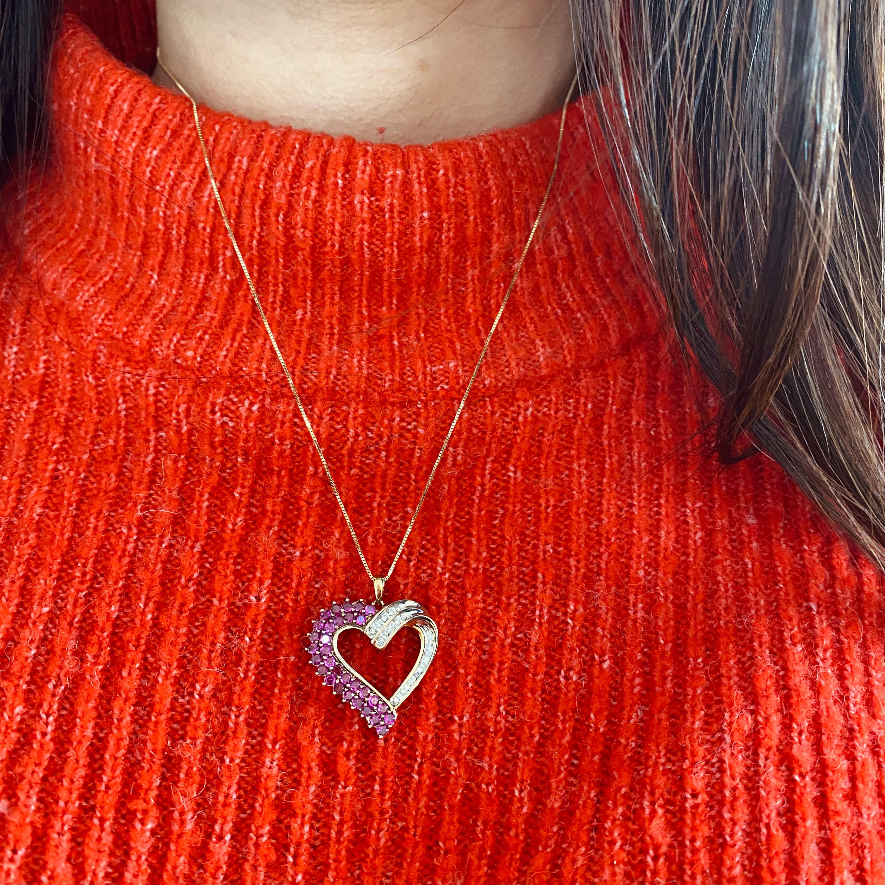 Pendentif cœur vintage en or 14 carats avec rubis et diamants de 1,77 carat, 1 pouce Pour femmes en vente