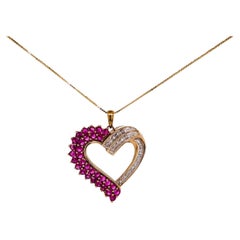 Vintage 1.67 Carats Ruby & Diamond Heart Pendant Charm in 14 Karat Gold