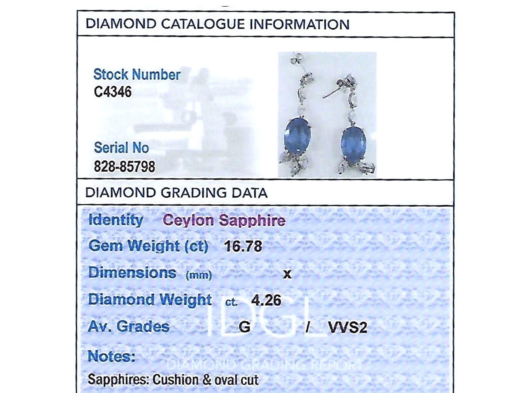 Vintage 16.78 Carat Ceylon Sapphire and 4.26 Carat Diamond Drop Earrings For Sale 4