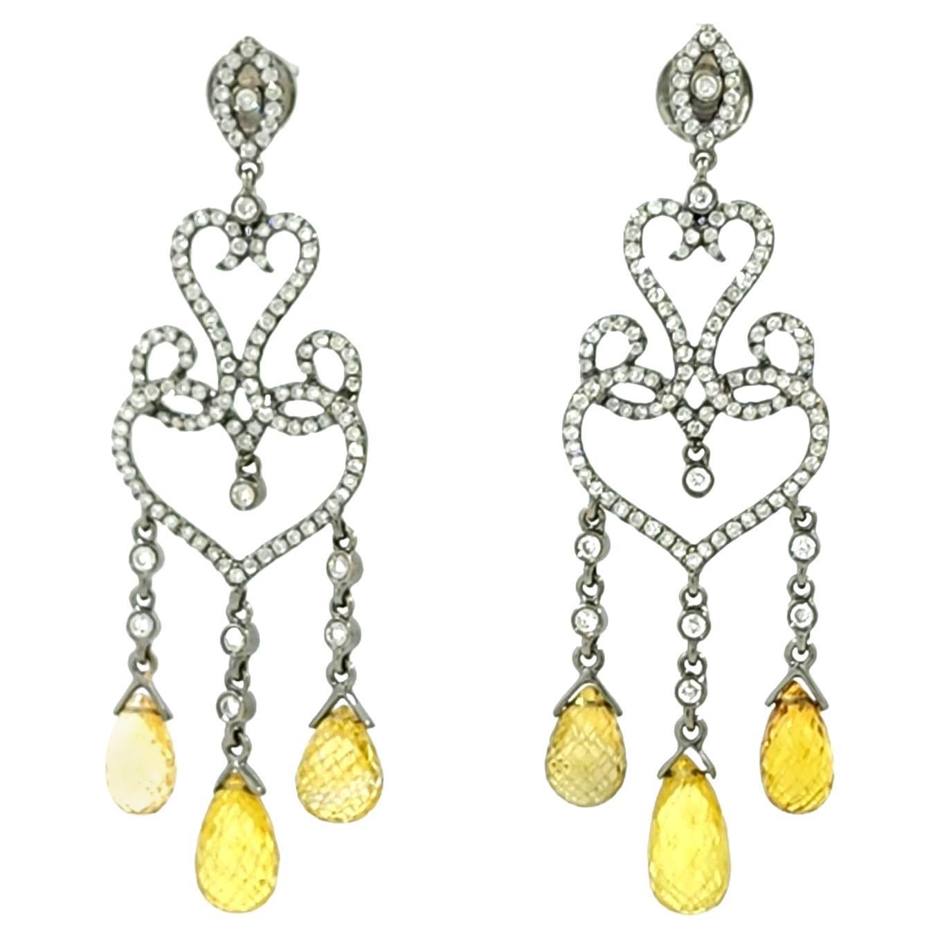 Vintage 16.83ct Sapphire Briolettes Diamond Dangle Drop Earring in 18k Gold