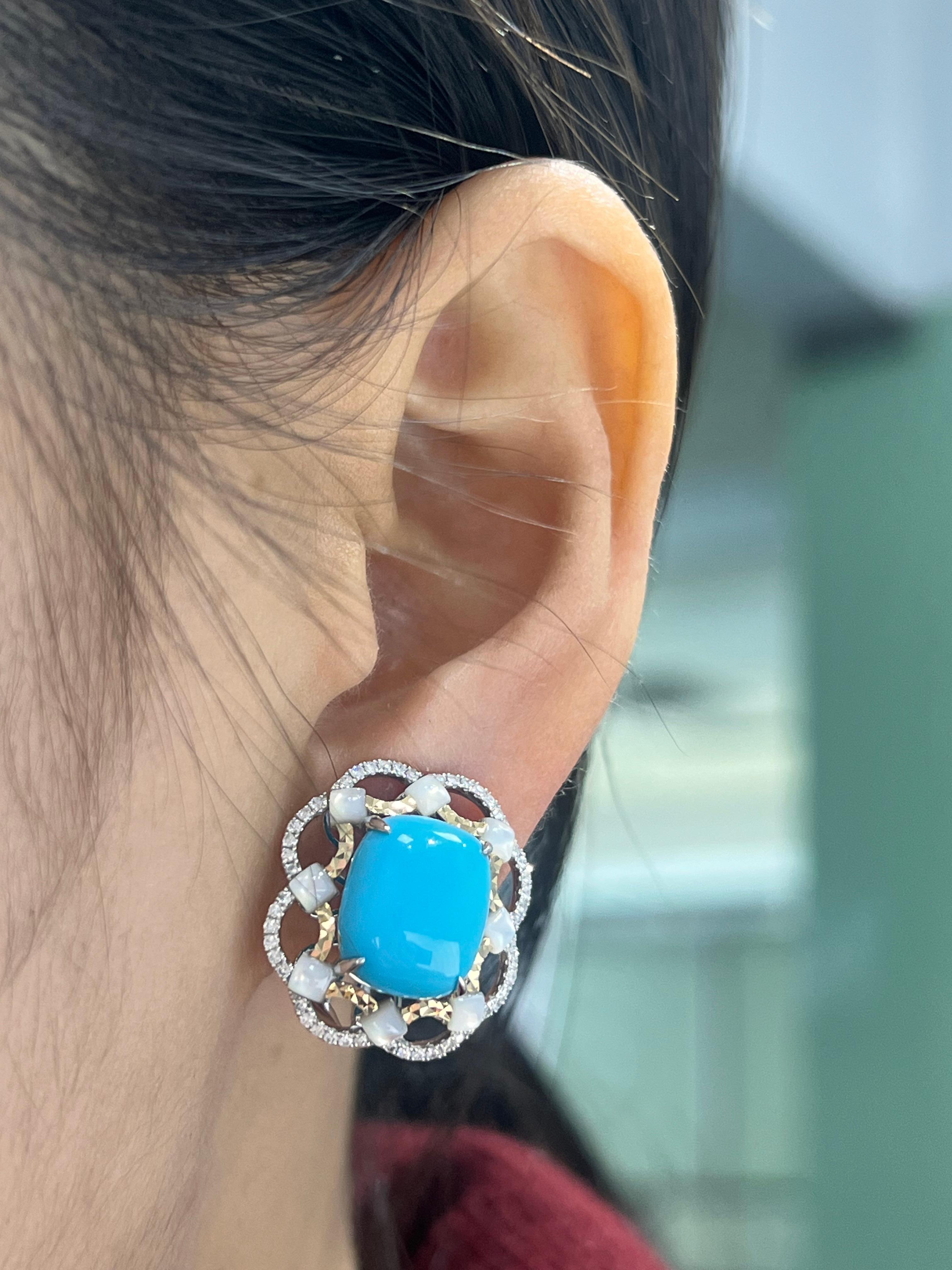 Indulge in the timeless allure of these exquisite earrings, meticulously crafted from 18K gold.  Each earring features a vibrant 16.85-carat turquoise, radiating a serene, oceanic blue hue that captures the beauty of nature.  Surrounding the