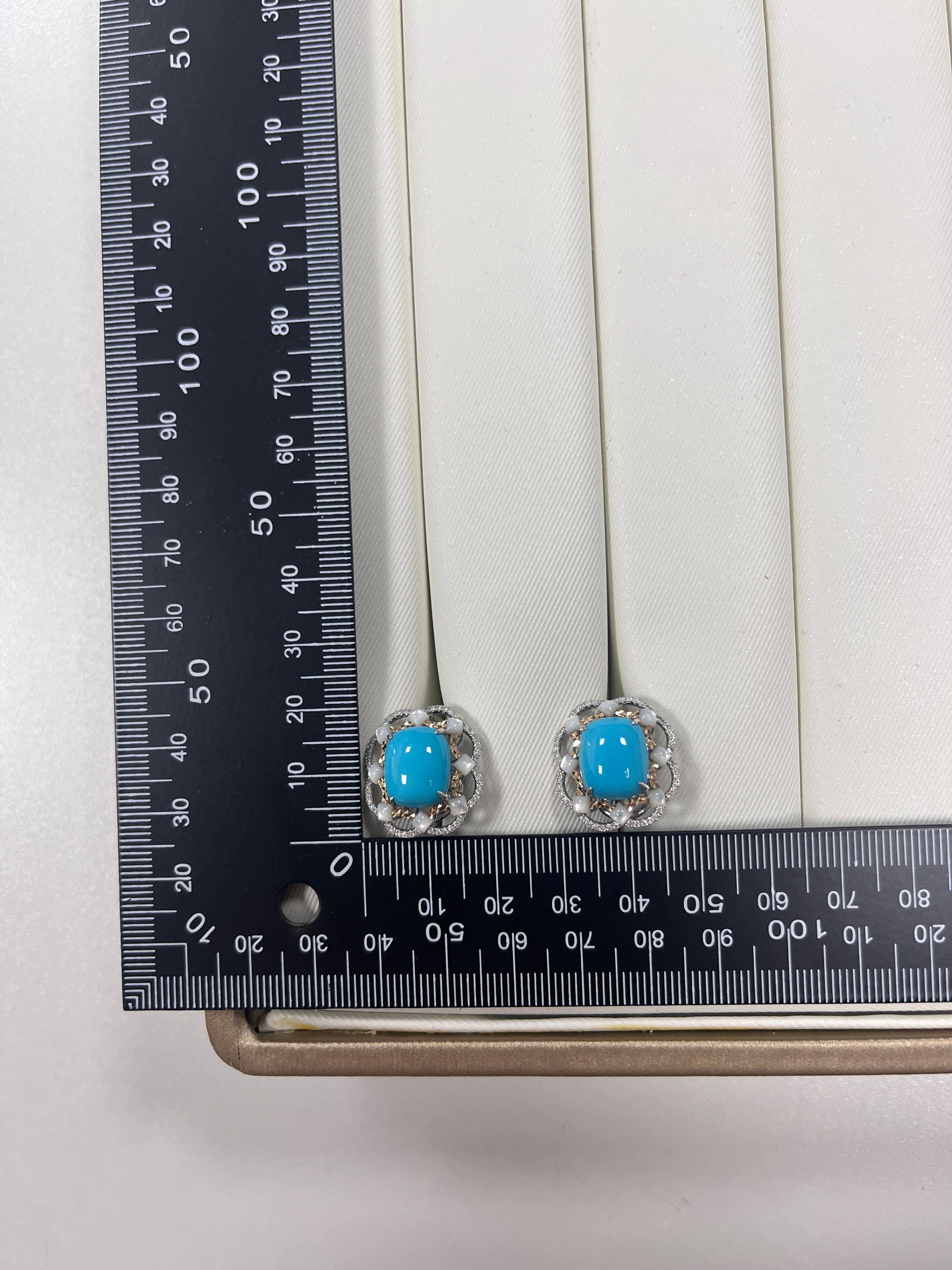 Art Deco Vintage 16.85Ct Turquoise Abalone Shell＆Diamond Earrings in 18 Karat Solid Gold For Sale