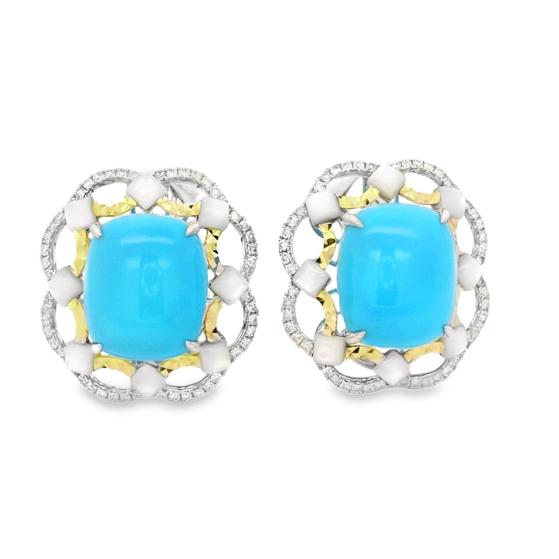Women's Vintage 16.85Ct Turquoise Abalone Shell＆Diamond Earrings in 18 Karat Solid Gold For Sale