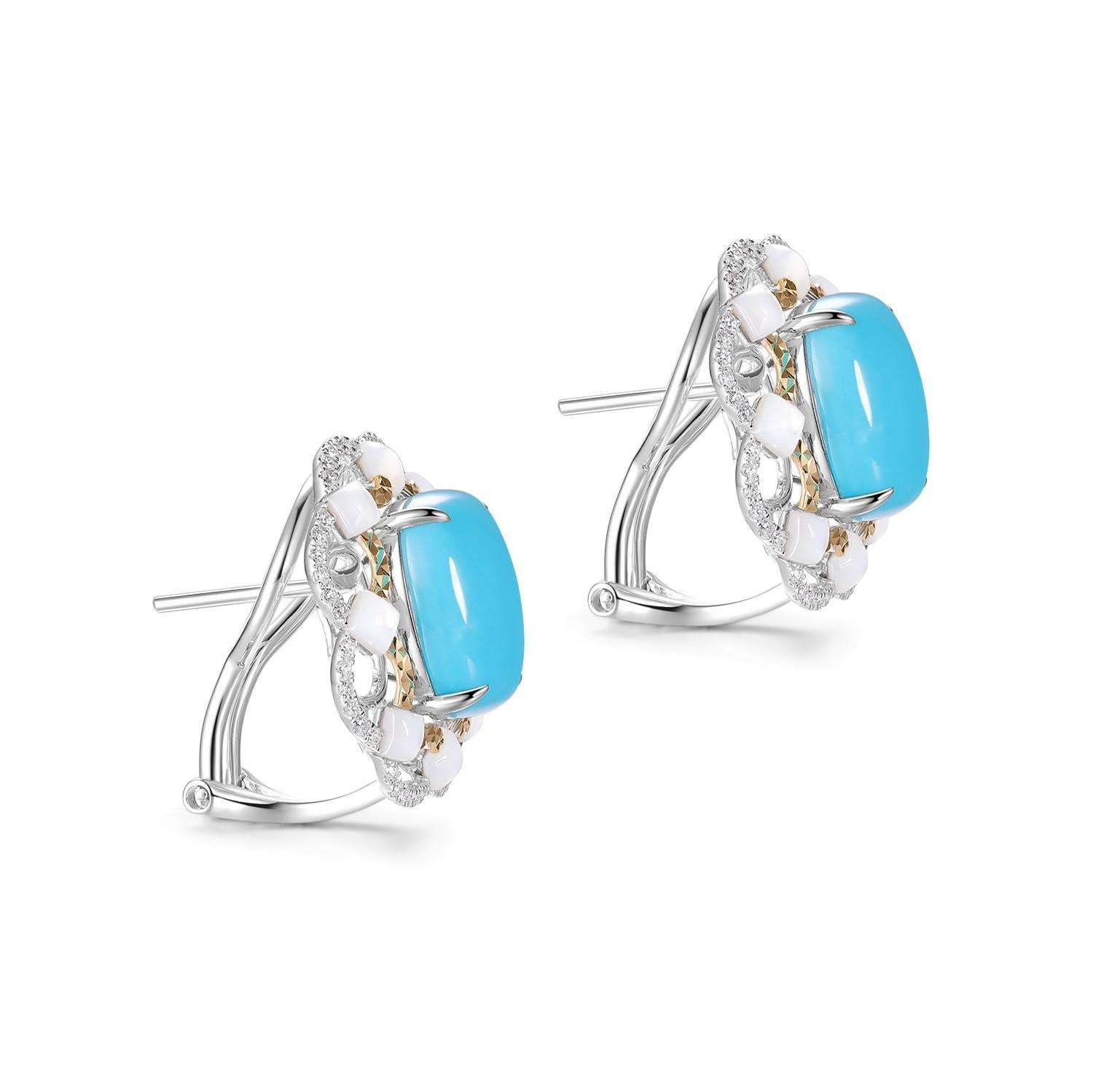 Vintage 16.85Ct Turquoise Abalone Shell＆Diamond Earrings in 18 Karat Solid Gold For Sale 1