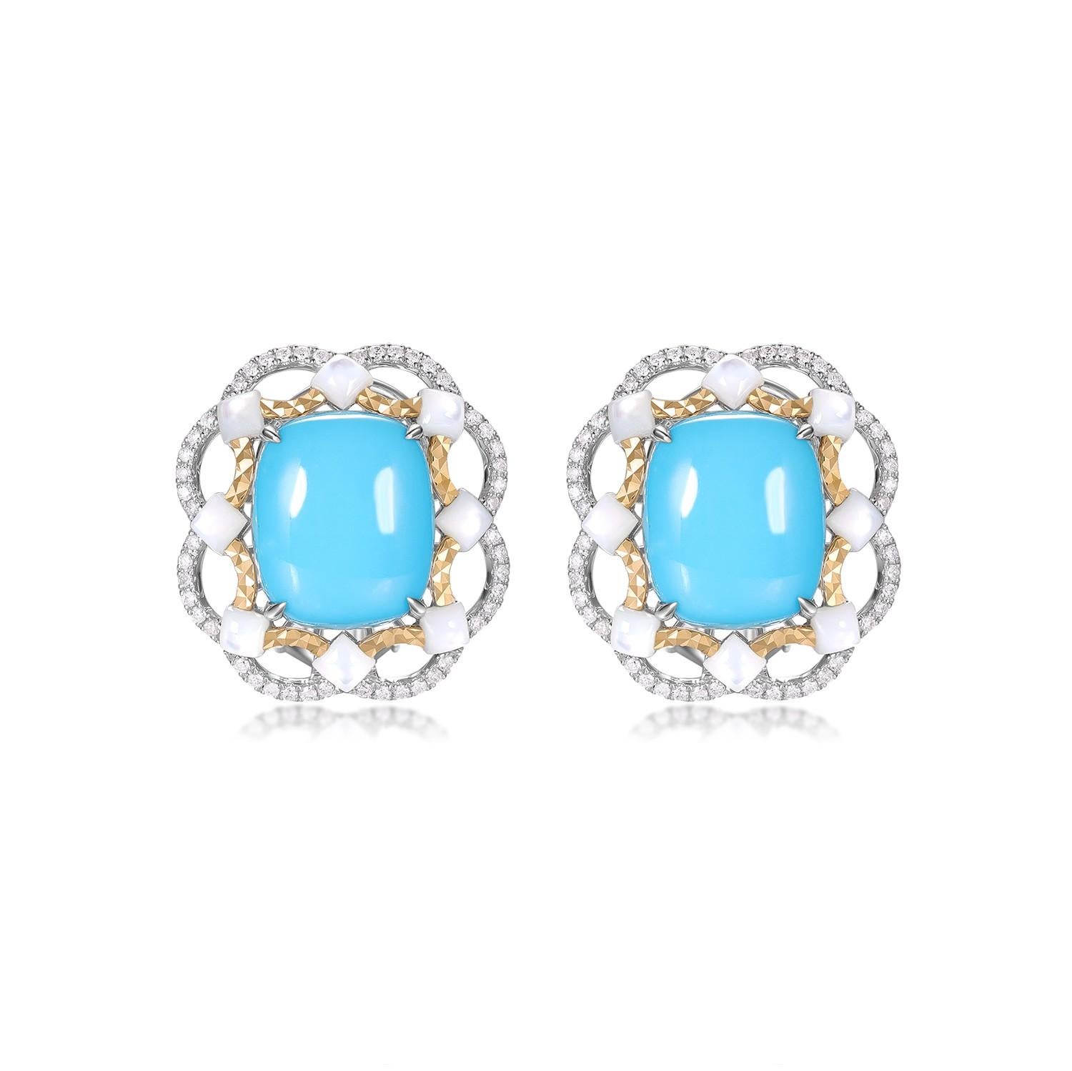 Vintage 16.85Ct Turquoise Abalone Shell＆Diamond Earrings in 18 Karat Solid Gold For Sale 2