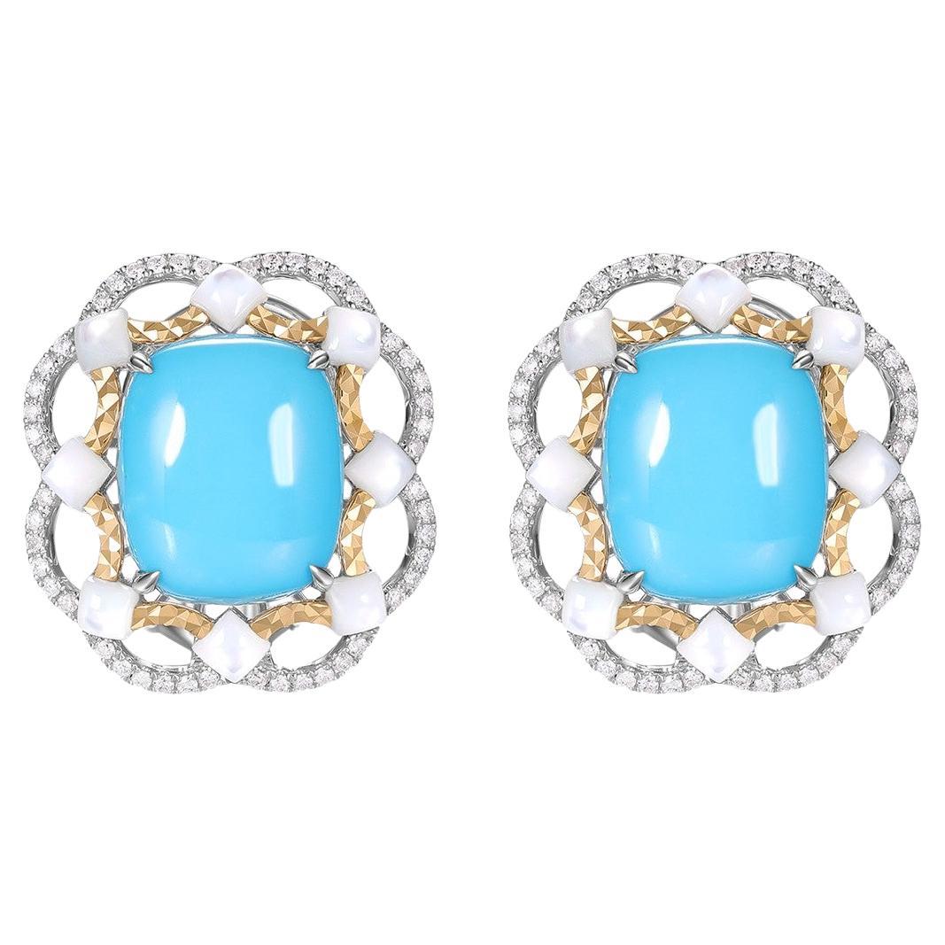 Vintage 16.85Ct Turquoise Abalone Shell＆Diamond Earrings in 18 Karat Solid Gold For Sale