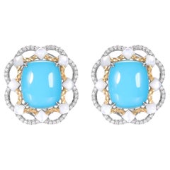 Boucles d'oreilles Turquoise Abalone Shell＆Diamond en or massif 18 carats, 16.85Ct