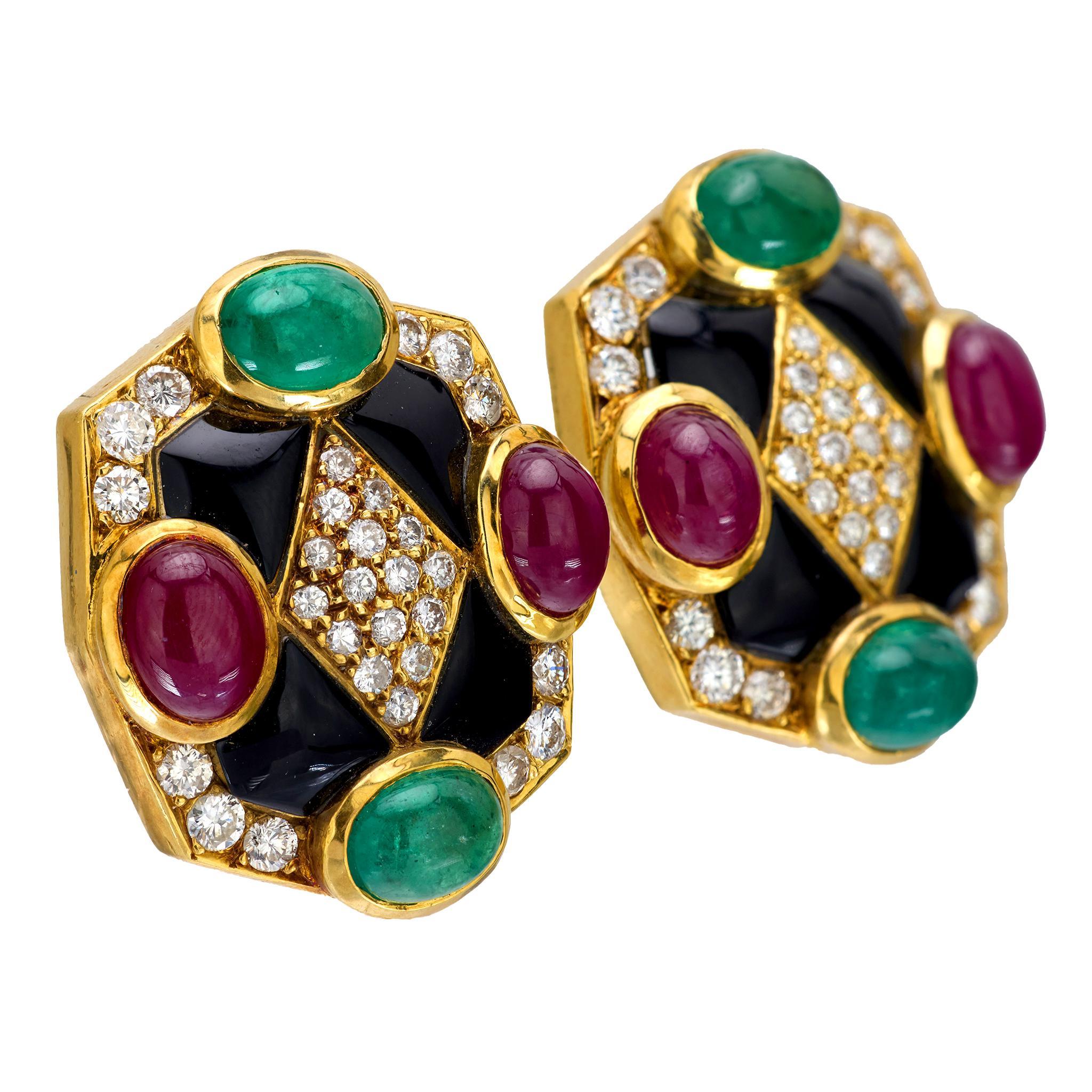 Modern Vintage 16.90 carat total weight gemstone 18k yellow gold clip-on earrings