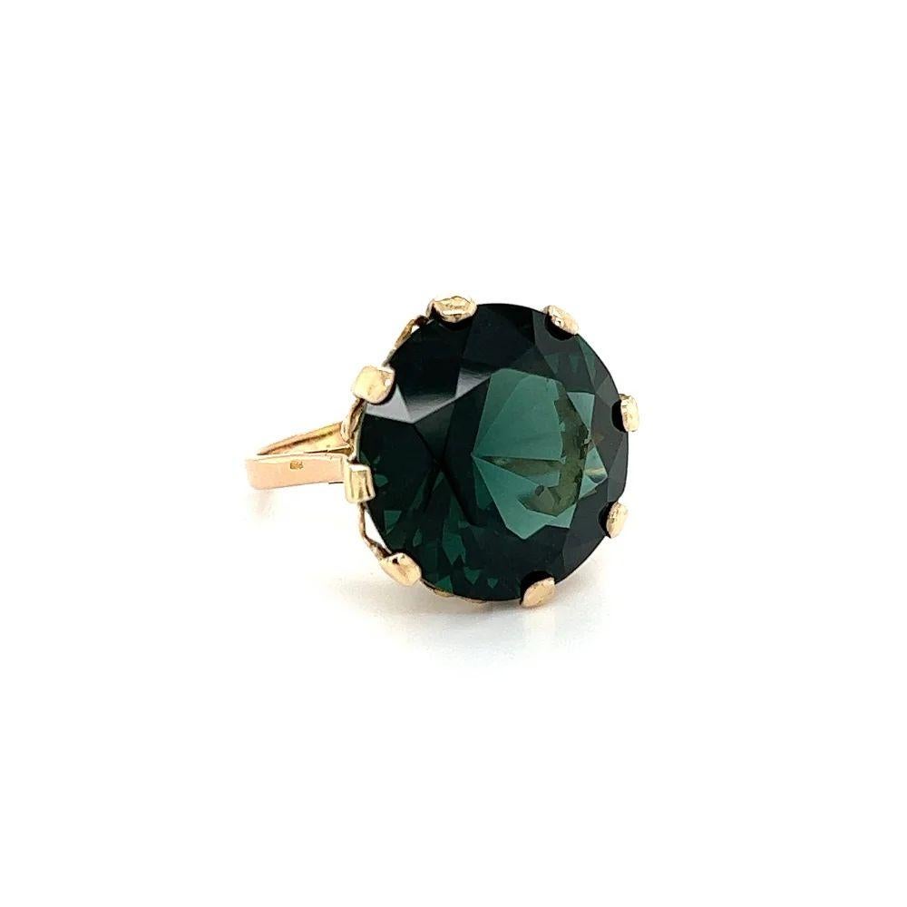 Vintage 16.96 Carat Round Green Apatite Gold Solitaire Ring Simply Beautiful! Rare Vintage Round Green Apatite Gold Solitaire Cocktail Ring. Centering a securely nestled Hand set 16.96 Carat Round, Diamond cut Rare Green Apatite, measuring 17.5mm.