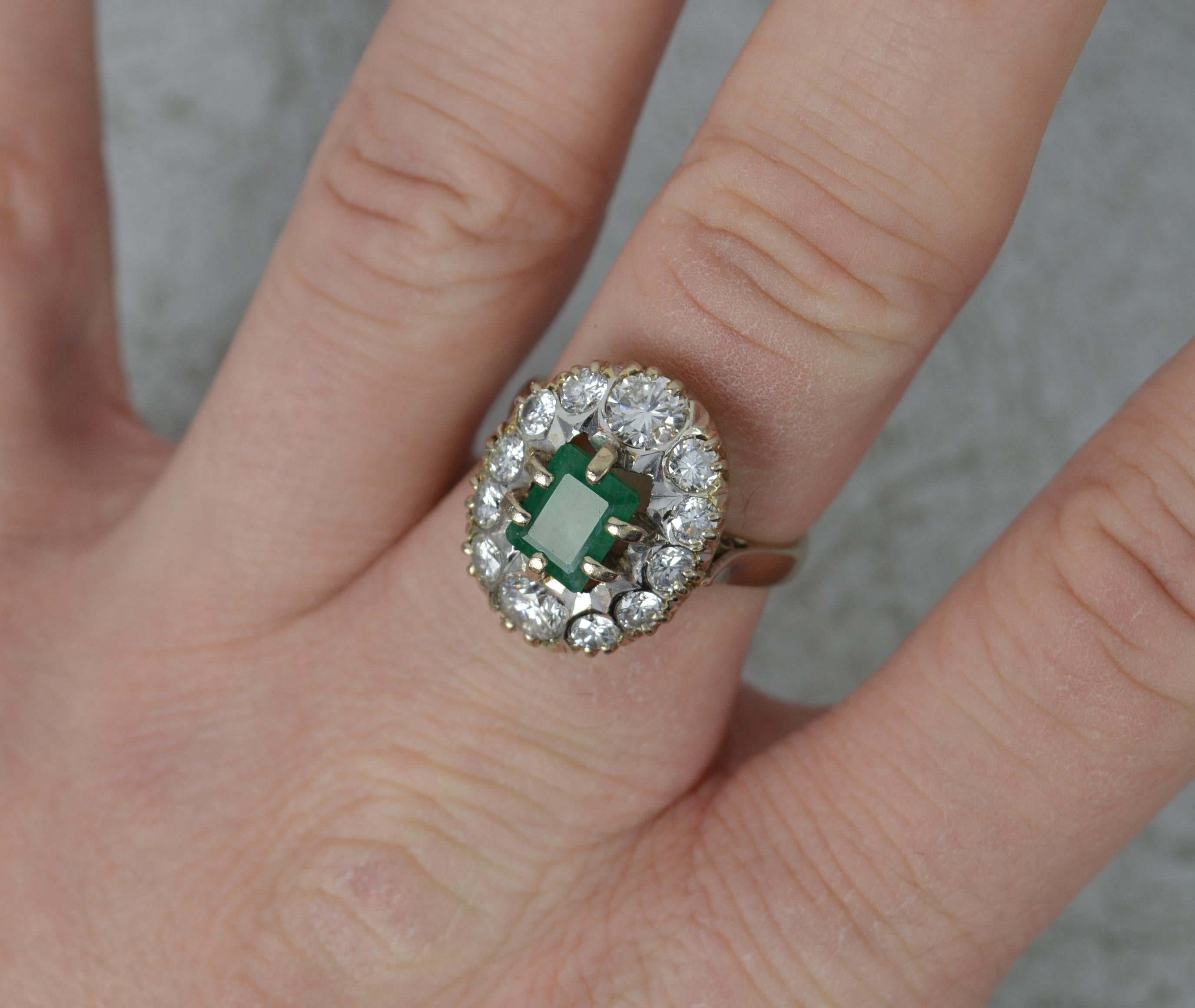 Emerald Cut Vintage 1.6 Carat Diamond and Emerald 18 Carat Gold Cluster Ring