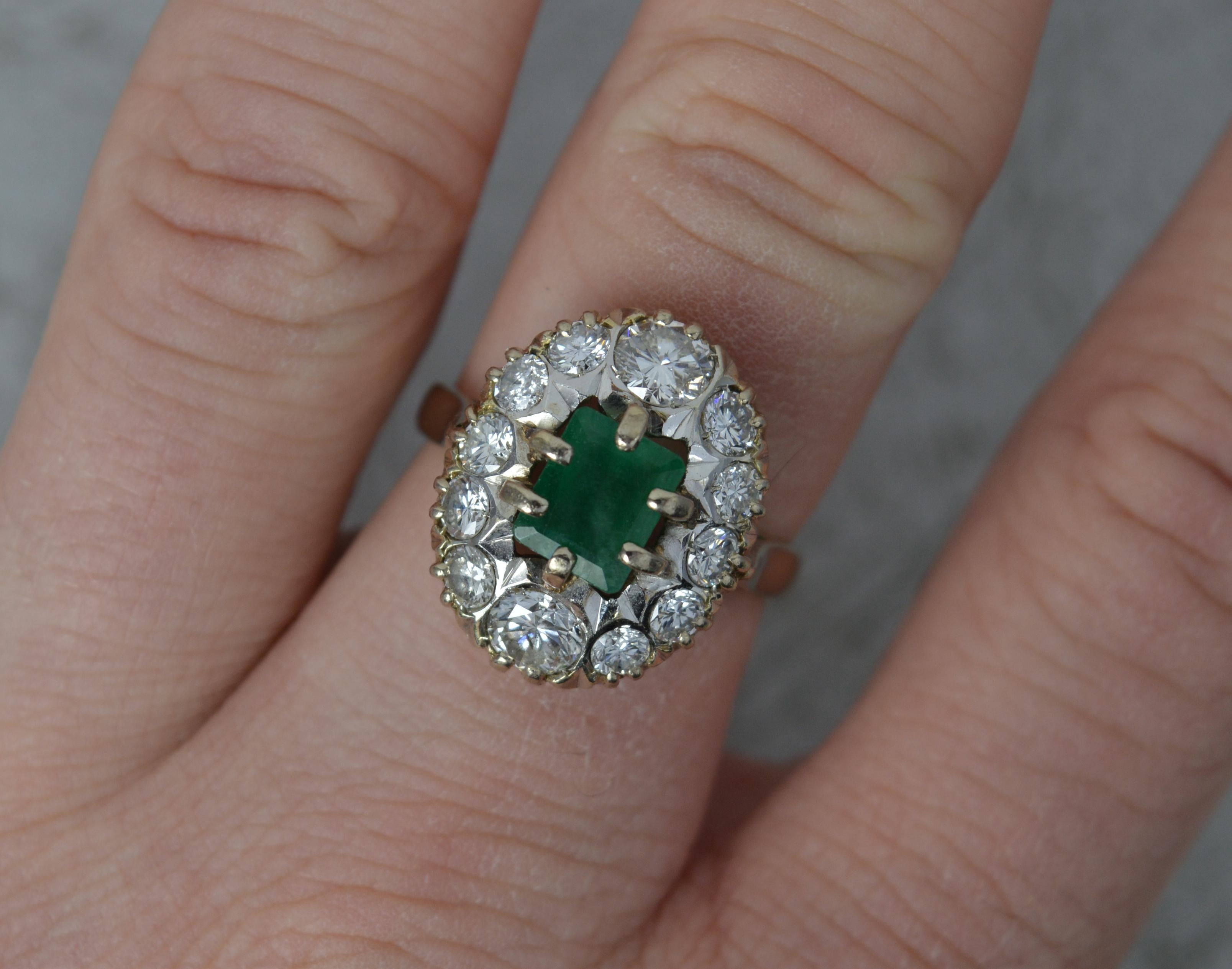Vintage 1.6 Carat Diamond and Emerald 18 Carat Gold Cluster Ring In Excellent Condition In St Helens, GB
