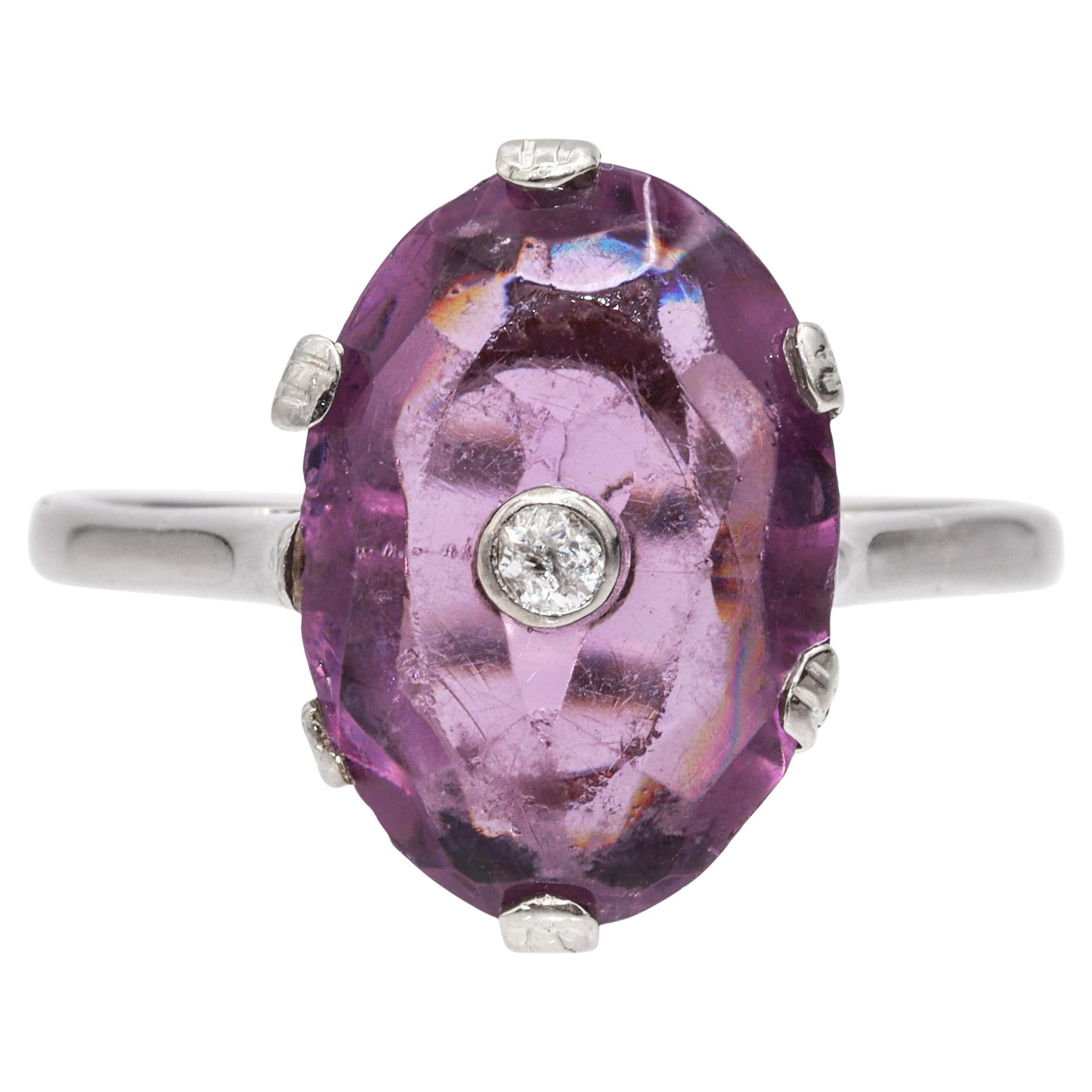 Vintage 16K White Gold Amethyst Diamond Ring For Sale