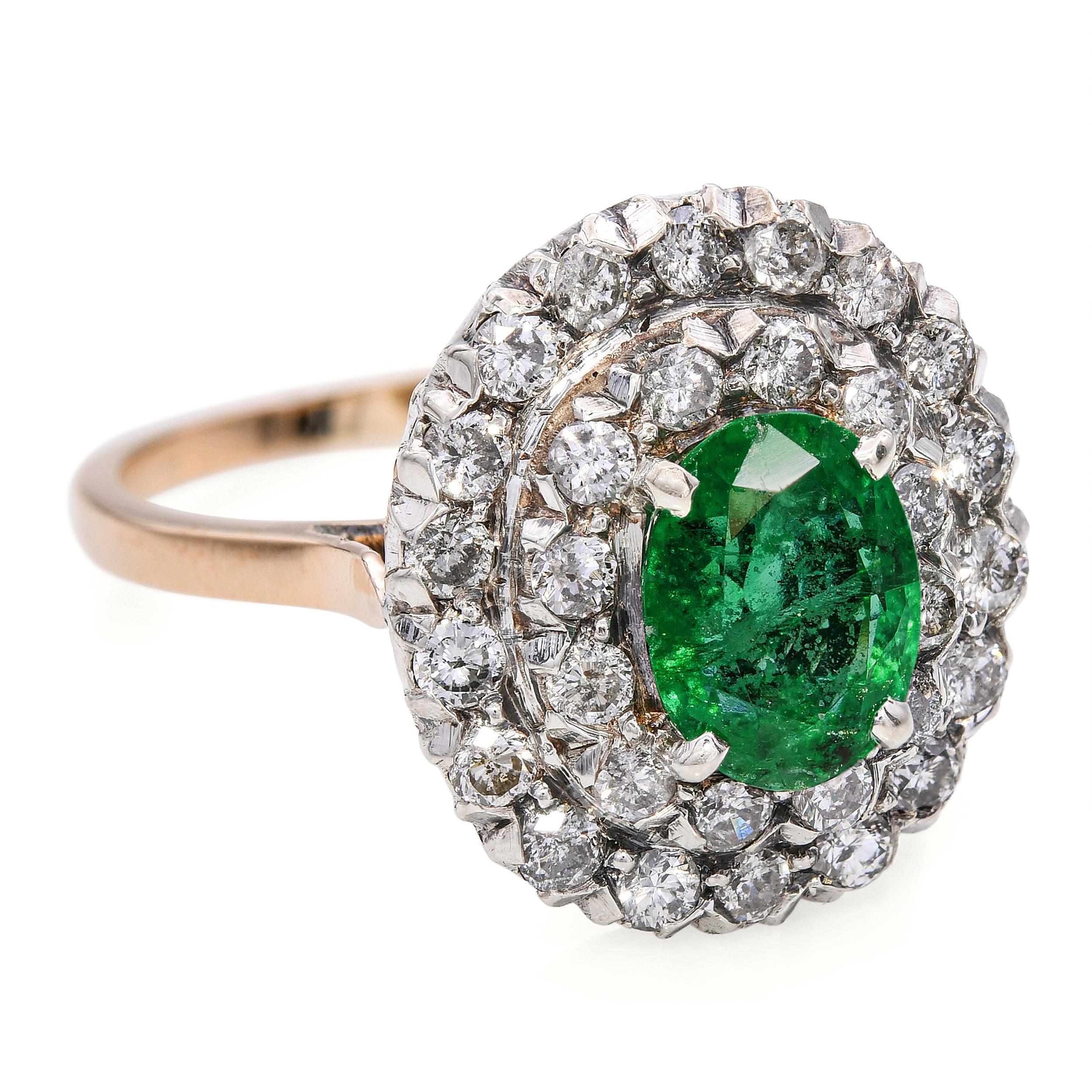 Vintage 16k Gelbgold und Silber Diamant und Smaragd Statement Ring im Angebot 1