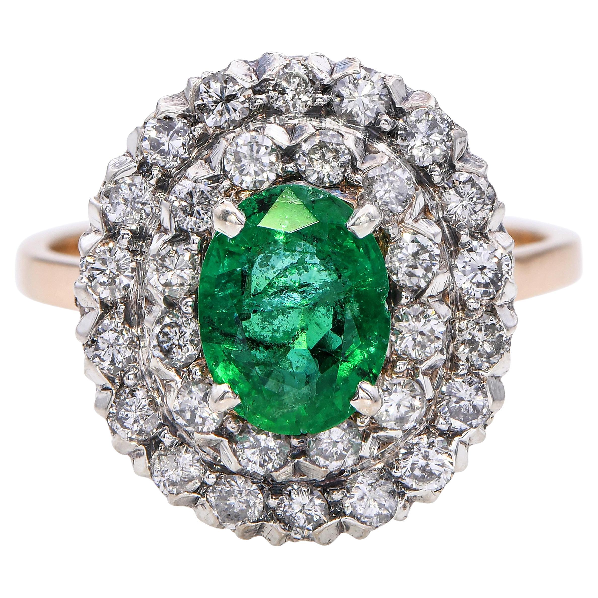 Anello vintage in oro giallo 16 carati e argento con diamanti e smeraldo