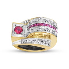 Bague géométrique rétro en or jaune 16k avec diamants et rubis