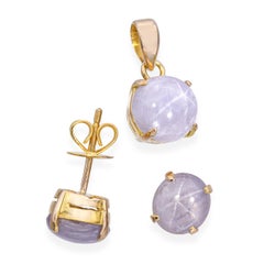 Vintage 16k Yellow Gold Greyish Blue Star Sapphire Earrings & Pendant Set