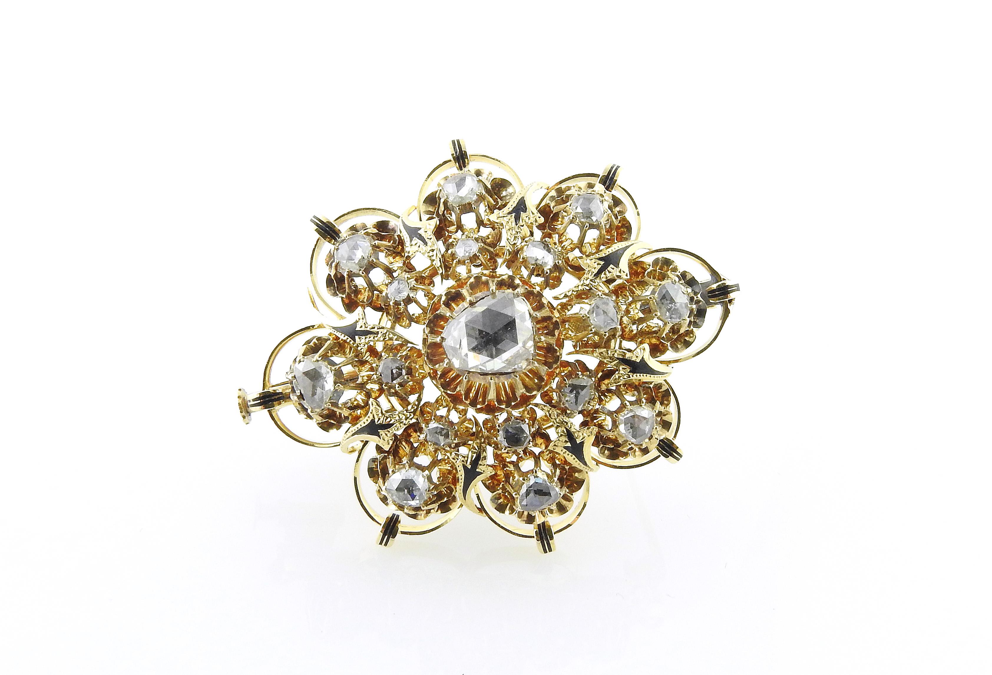 GAI certified 16K yellow gold rose cut diamond brooch

This stunning brooch is set with 17 sparkling rose cut diamonds. 
Total diamond carat weight: 3.25 cts
Clarity: SI - I
Color : I (Pepper - Salt color)

The brooch is approx. 45mm x 39mm

15.1 g