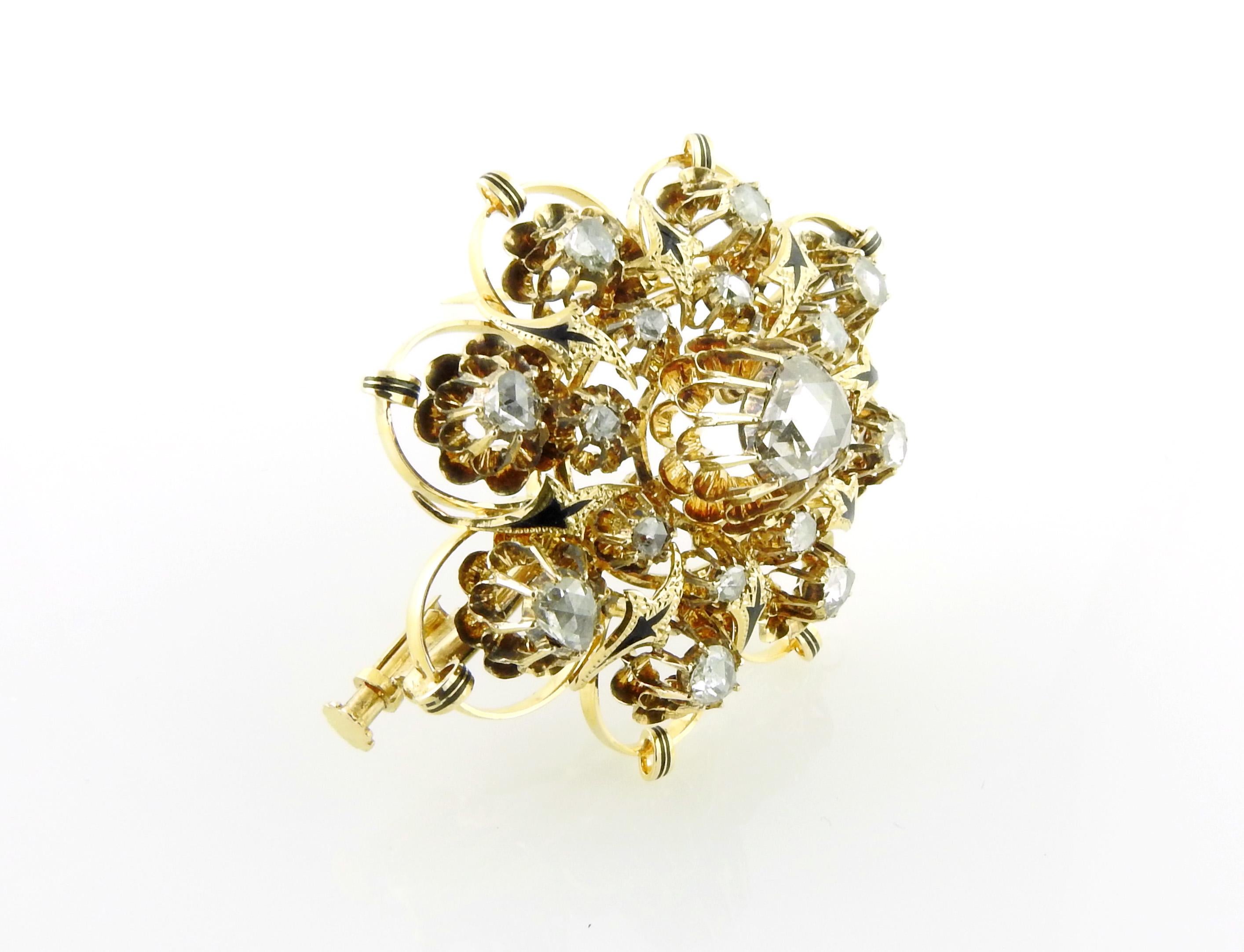 Vintage 16K Yellow Gold Rose Cut Diamond Brooch / Pin In Good Condition In Washington Depot, CT