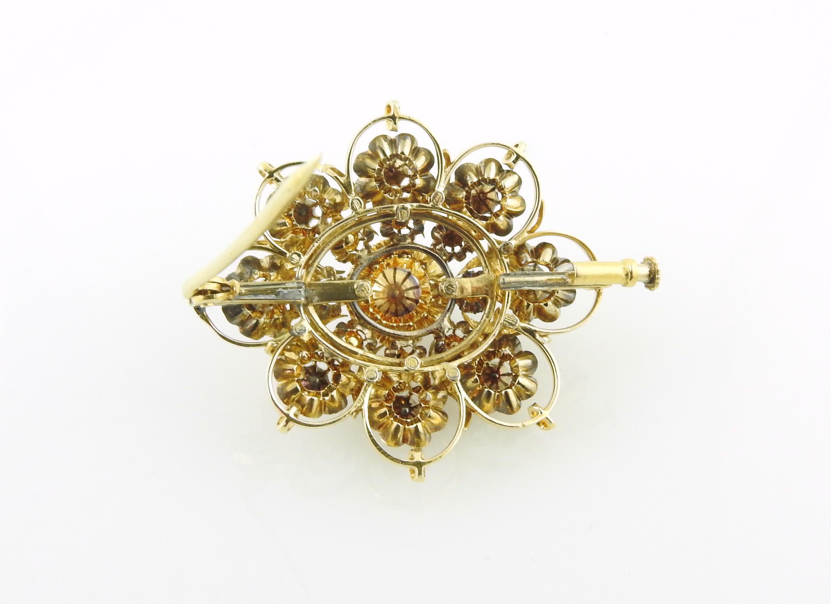 Vintage 16K Yellow Gold Rose Cut Diamond Brooch / Pin 1