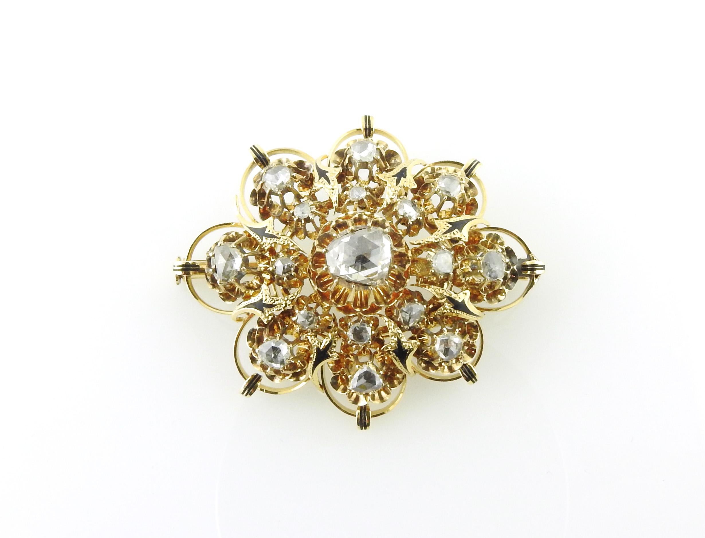 Vintage 16K Yellow Gold Rose Cut Diamond Brooch / Pin 2
