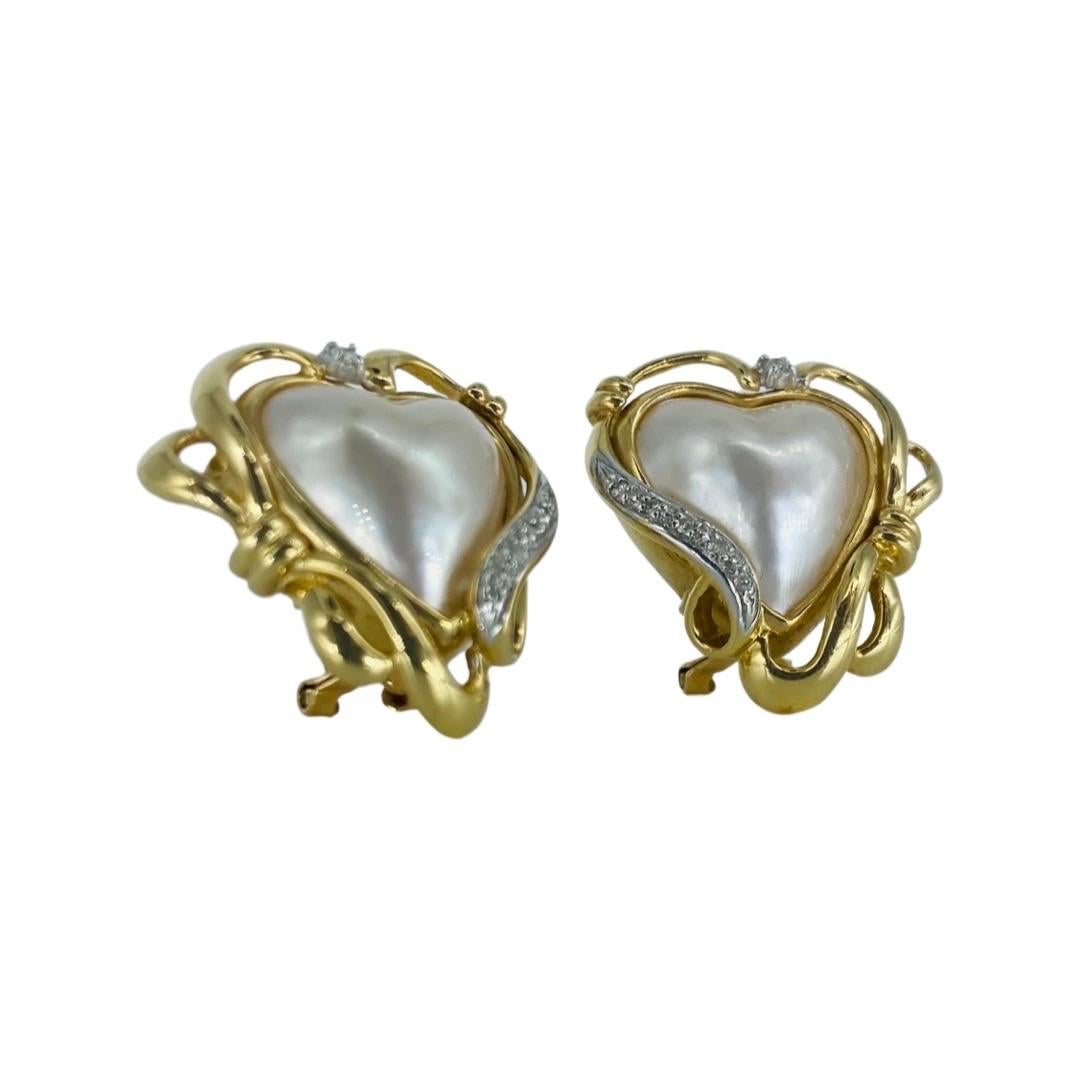 16 mm Herzförmige Perlen- und Diamant-Ohrclips aus 14 Karat Gold (Herzschliff) im Angebot