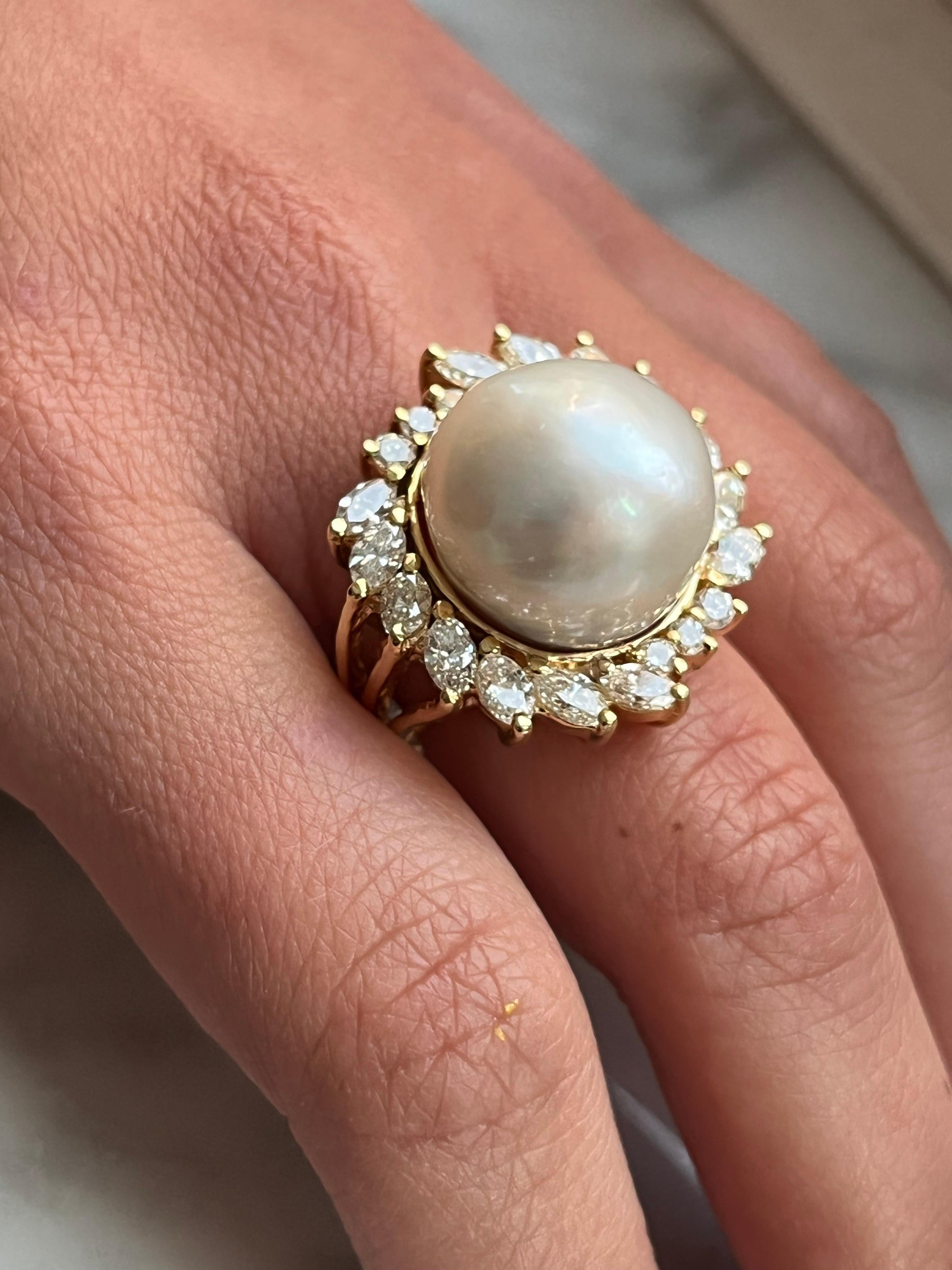 Vintage South Sea Pearl and Marquise Diamond Halo in 18k Gold Ring For Sale 4