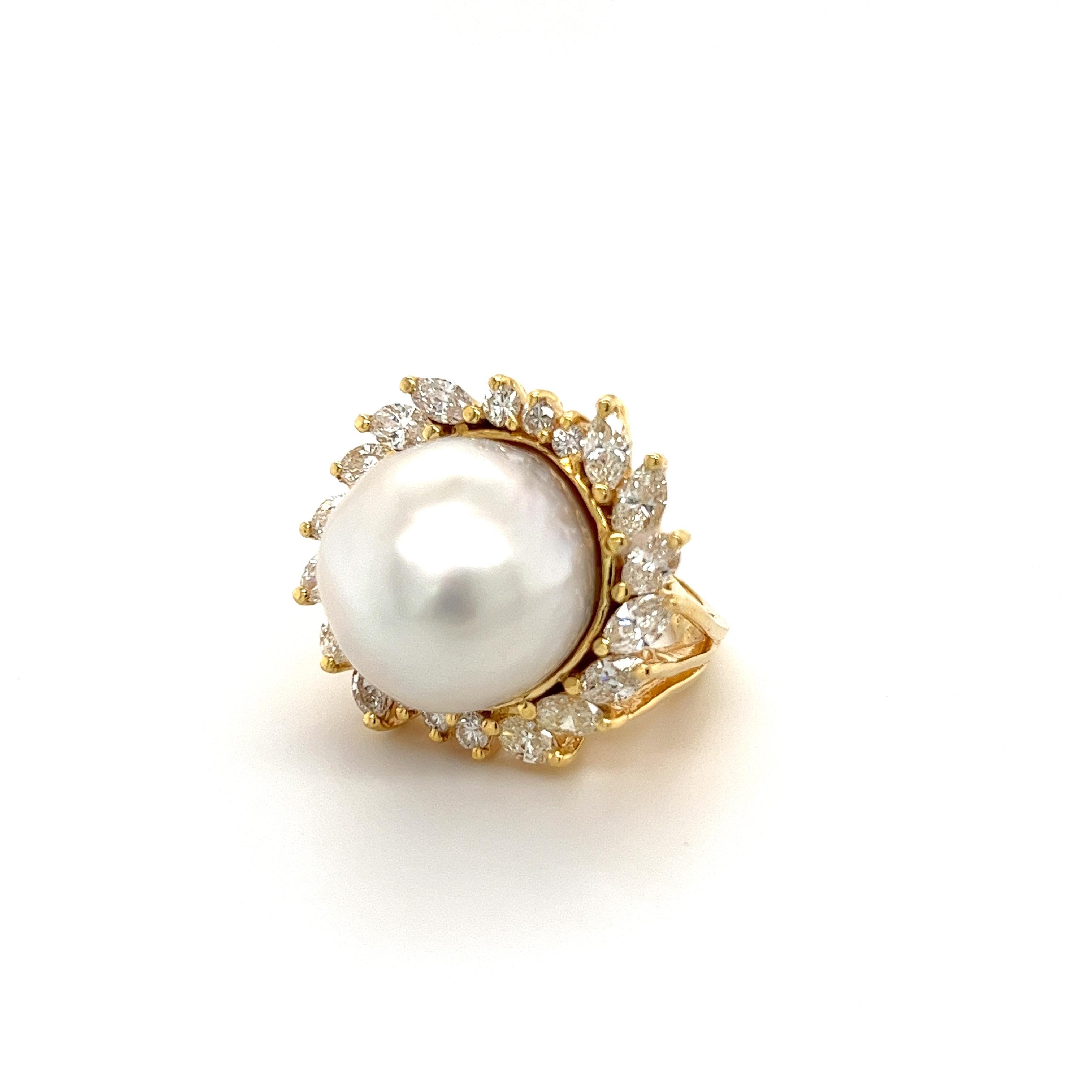 Art Nouveau Vintage South Sea Pearl and Marquise Diamond Halo in 18k Gold Ring For Sale