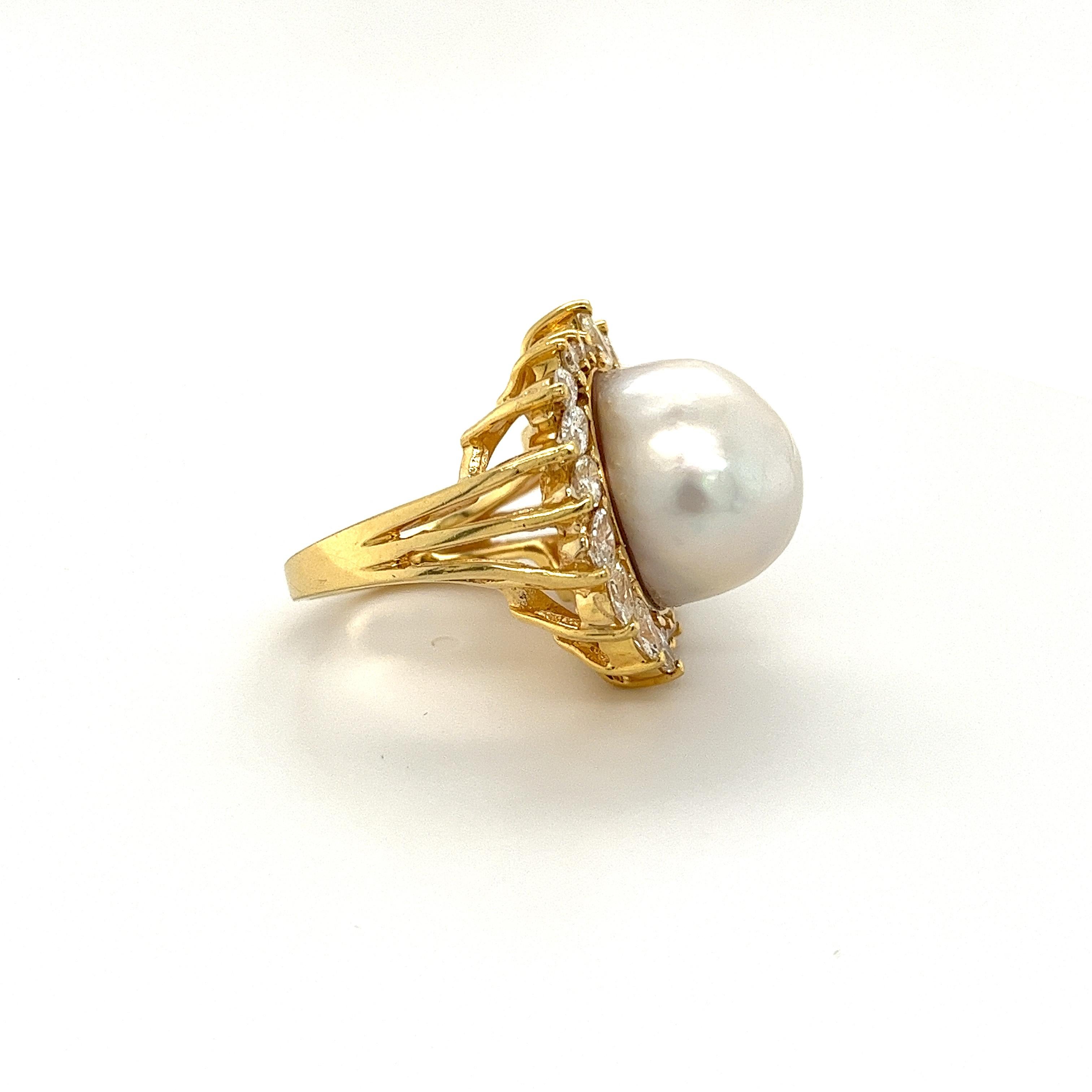 Marquise Cut Vintage South Sea Pearl and Marquise Diamond Halo in 18k Gold Ring For Sale