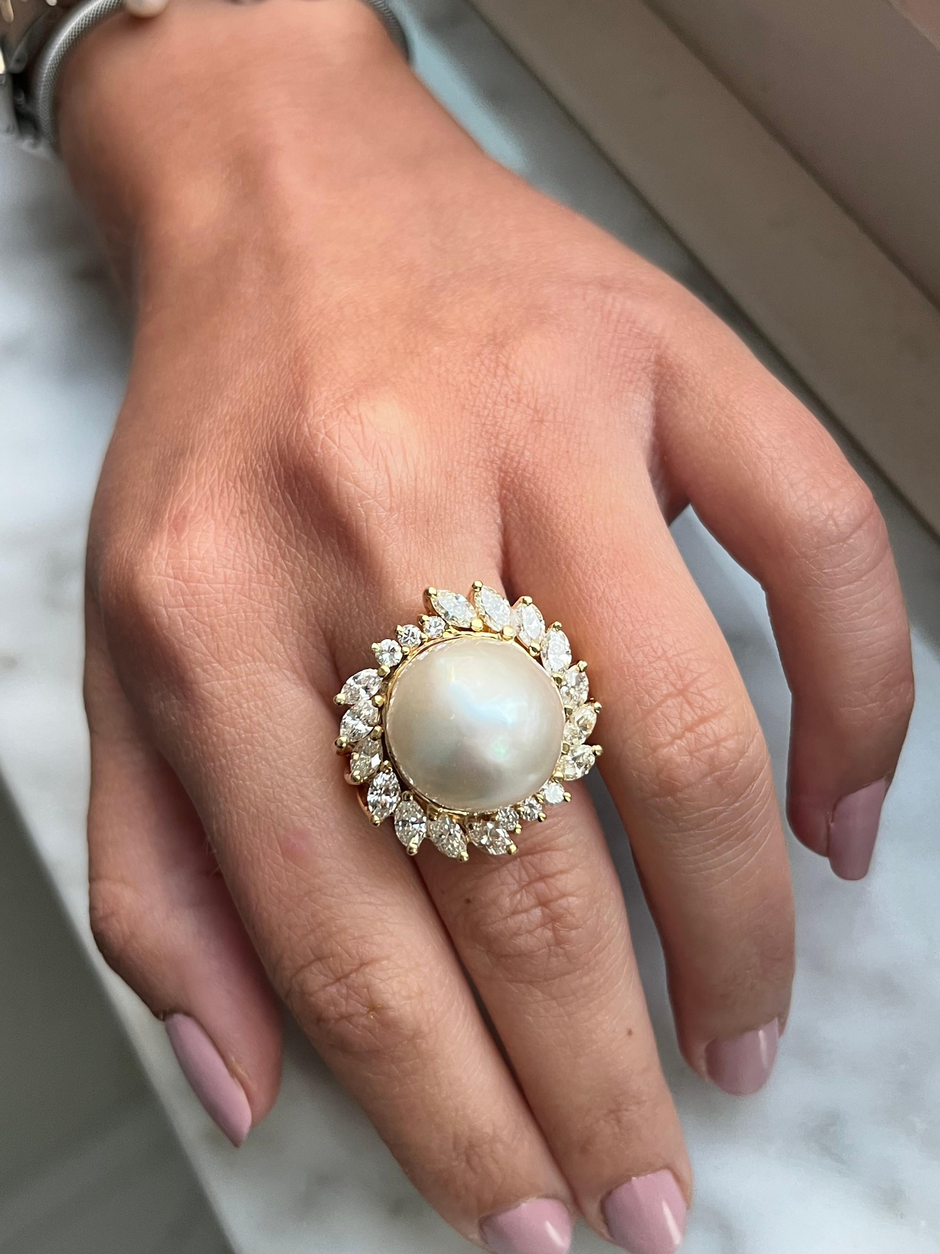 Women's Vintage South Sea Pearl and Marquise Diamond Halo in 18k Gold Ring For Sale
