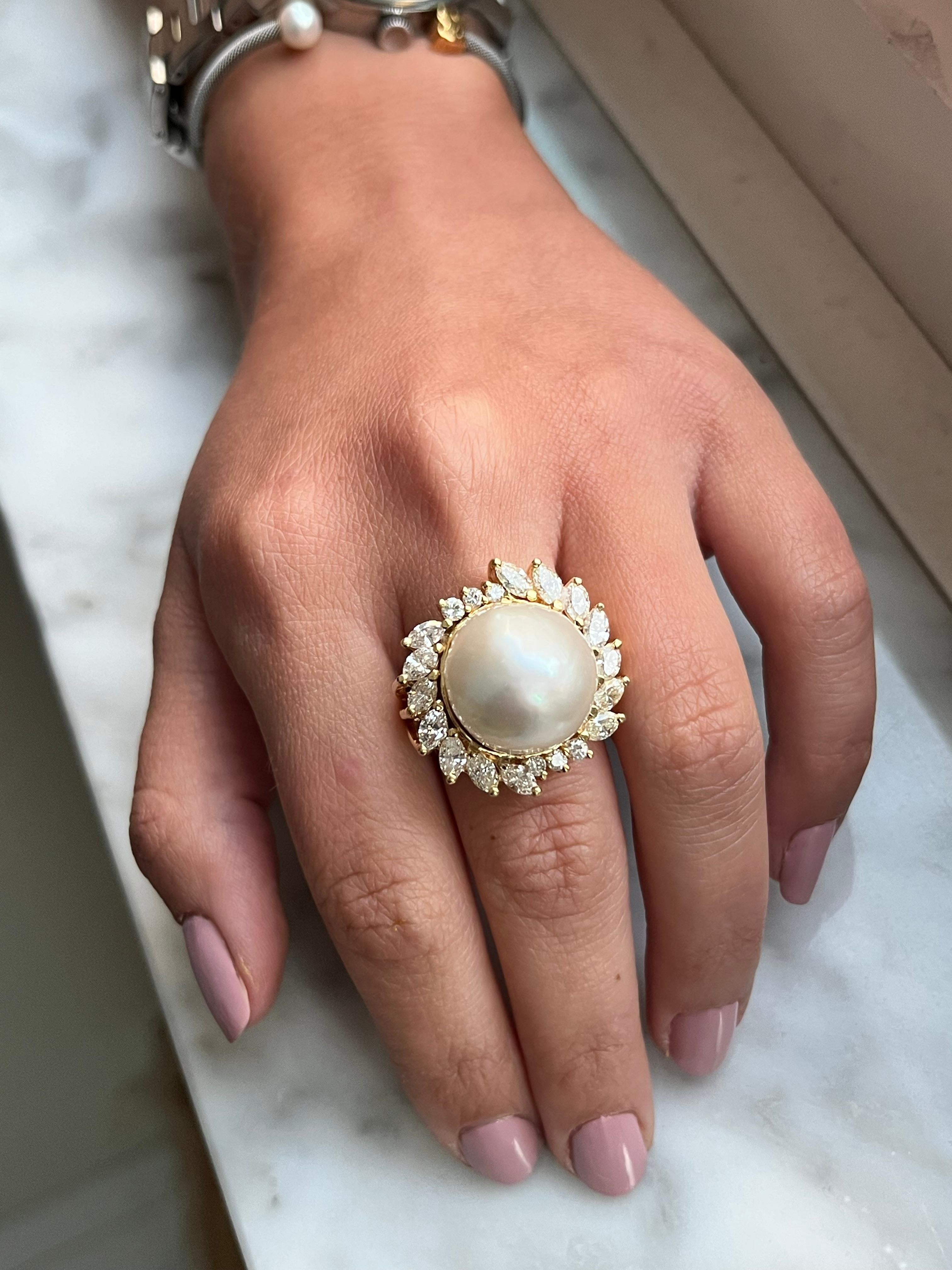 Vintage South Sea Pearl and Marquise Diamond Halo in 18k Gold Ring For Sale 1