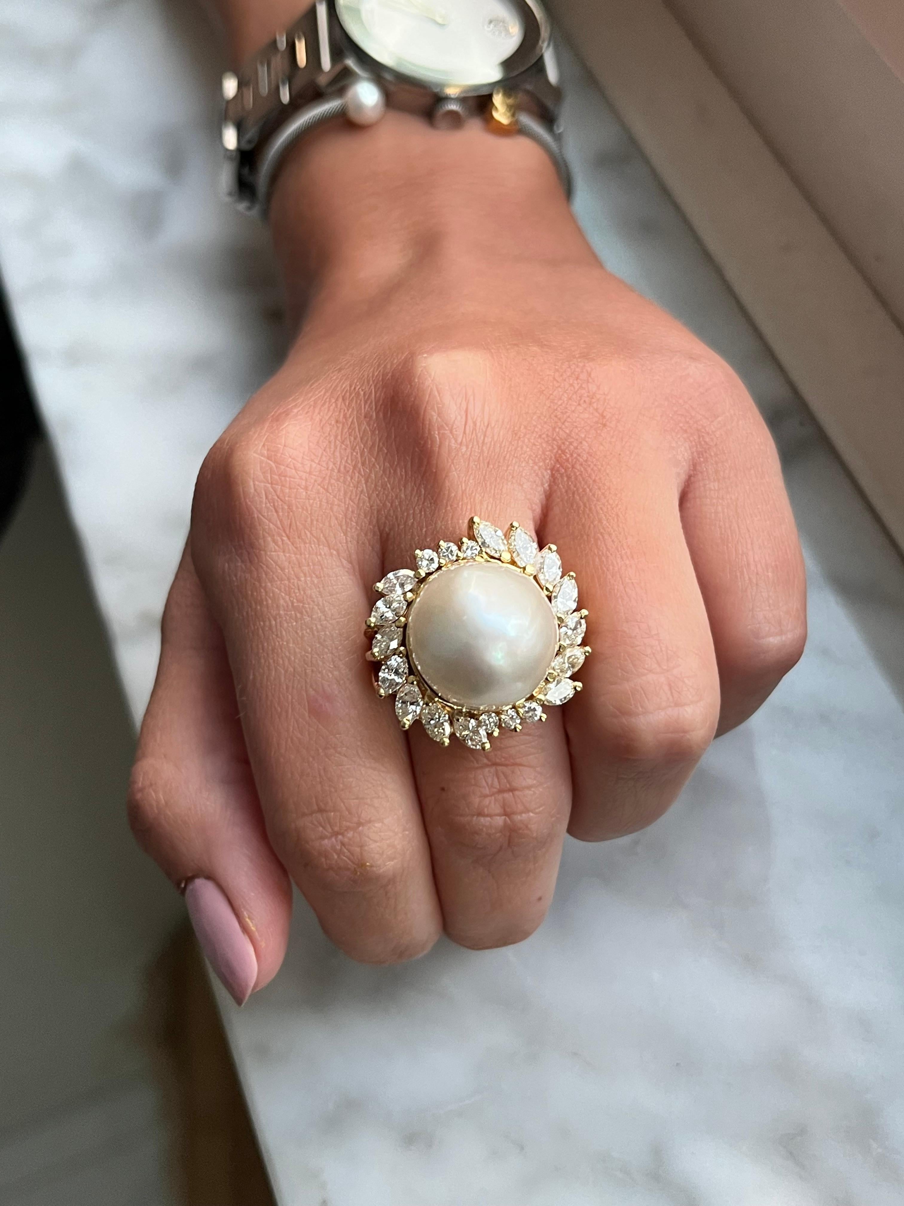 Vintage South Sea Pearl and Marquise Diamond Halo in 18k Gold Ring For Sale 2