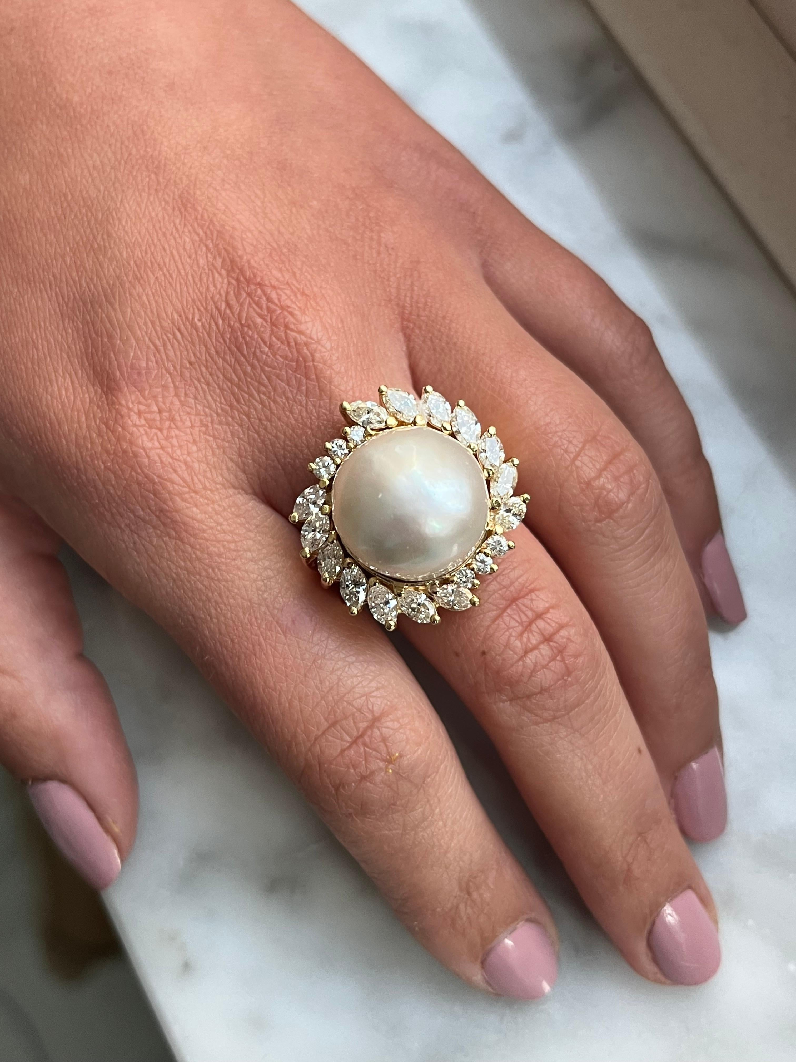 Vintage South Sea Pearl and Marquise Diamond Halo in 18k Gold Ring For Sale 3