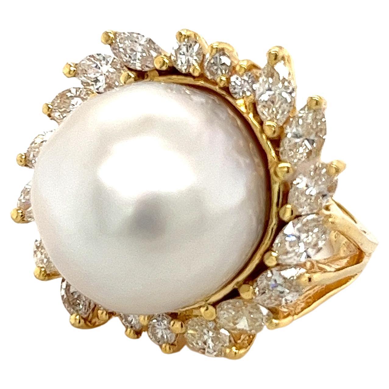 Vintage South Sea Pearl and Marquise Diamond Halo in 18k Gold Ring