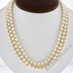 Vintage 17" 3 Pearl Strand w/ 18k Gold Red Stones & Diamond Clasp Center Piece