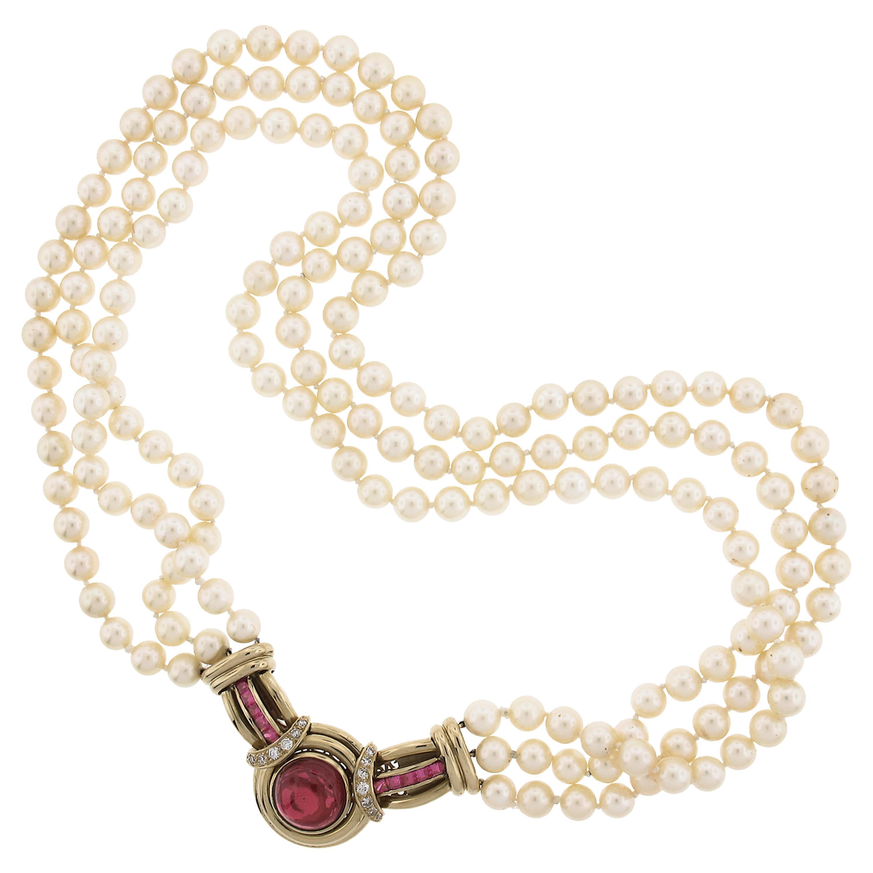Vintage 17" 3 Pearl Strand W/ 18k Gold Red Stones & Diamond Clasp Center Piece