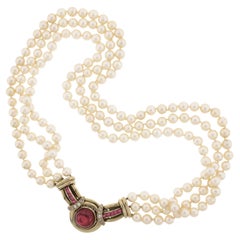 Vintage 17" 3 Pearl Strand W/ 18k Gold Red Stones & Diamond Clasp Center Piece