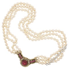 Vintage 17" 3 Pearl Strand w/ 18k Gold Red Stones & Diamond Clasp Center Piece