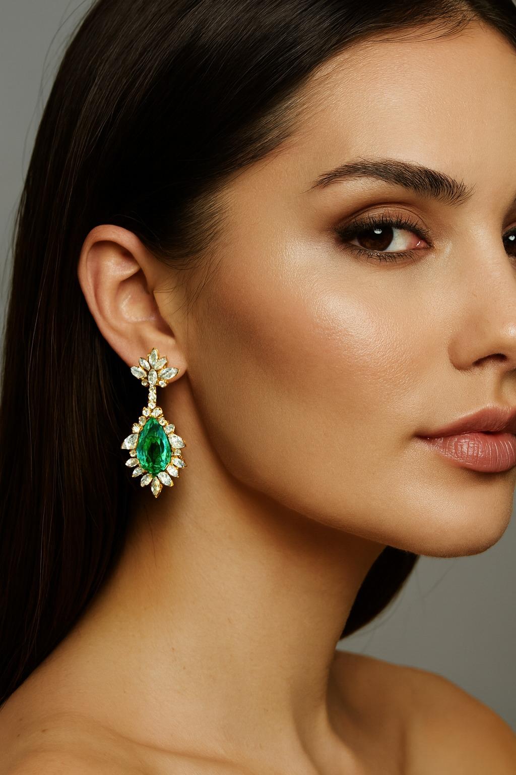 Vintage 10.0 Carat Emerald & 7.0 Carat Diamond 18K Yellow Gold Drop Earrings

An exquisite pair of vintage drop earrings set with approximately 10.0 carats of richly saturated emeralds displaying a beautiful forest-green hue and good clarity. We